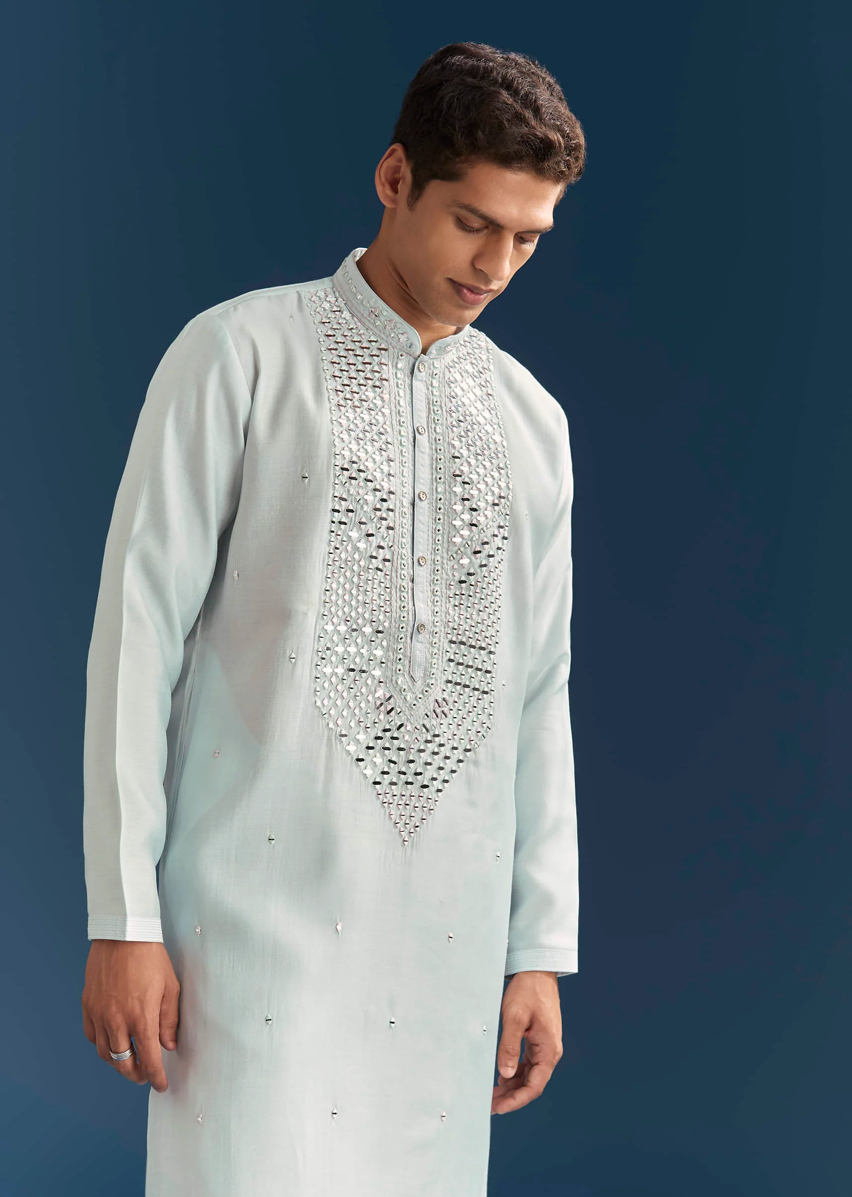 Blue Silk Kurta Set For Men With Mirror Embroidery - Image 4