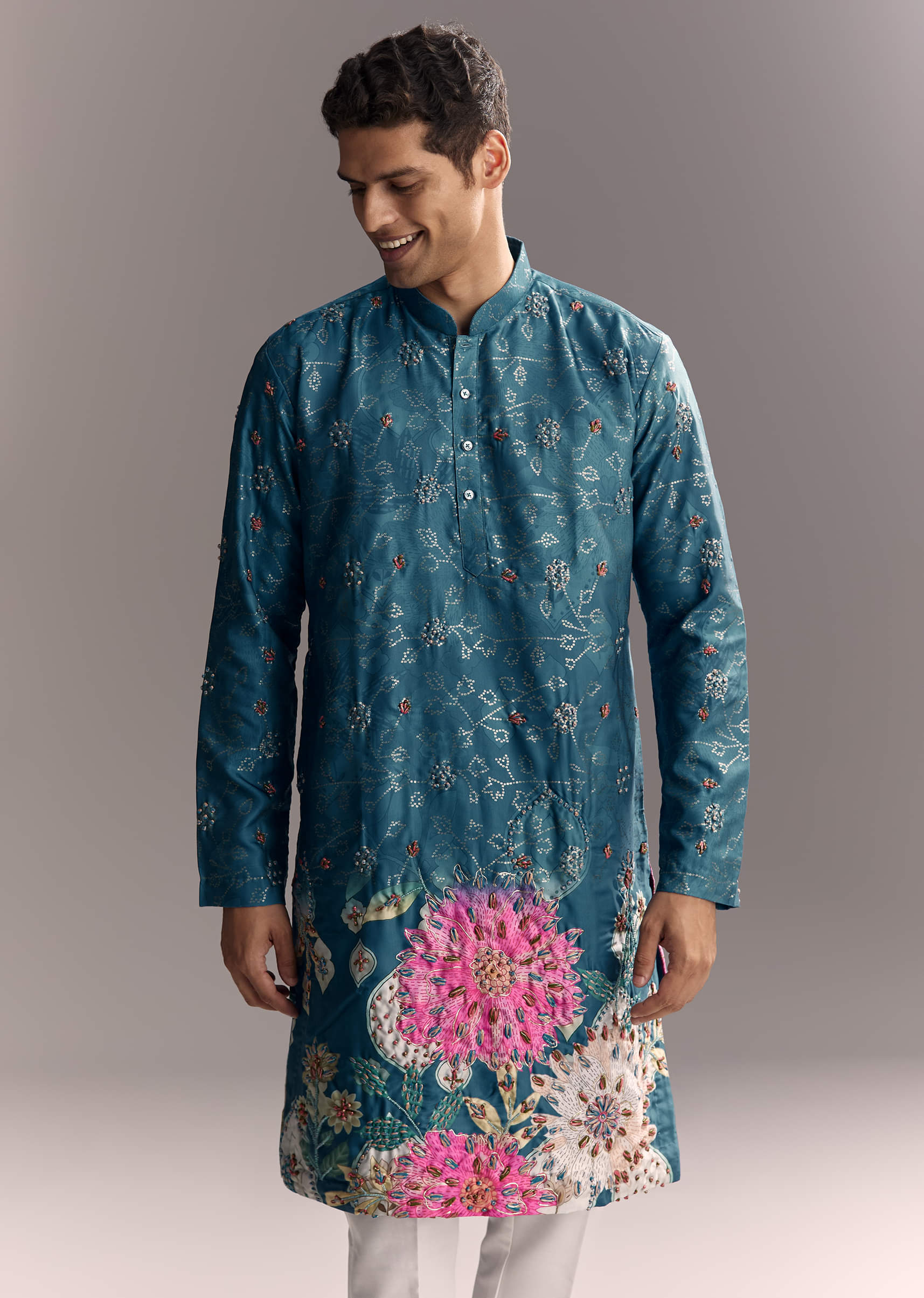 Blue Silk Kurta Set For Men With Resham Embroidery - Image 2