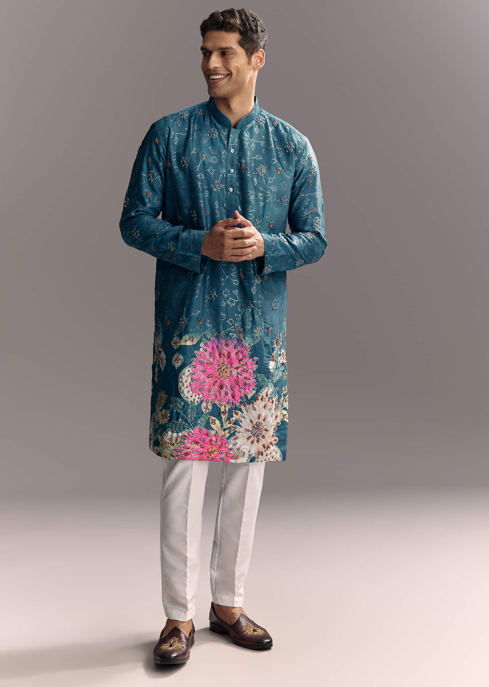 Blue Silk Kurta Set For Men With Resham Embroidery - Image 3