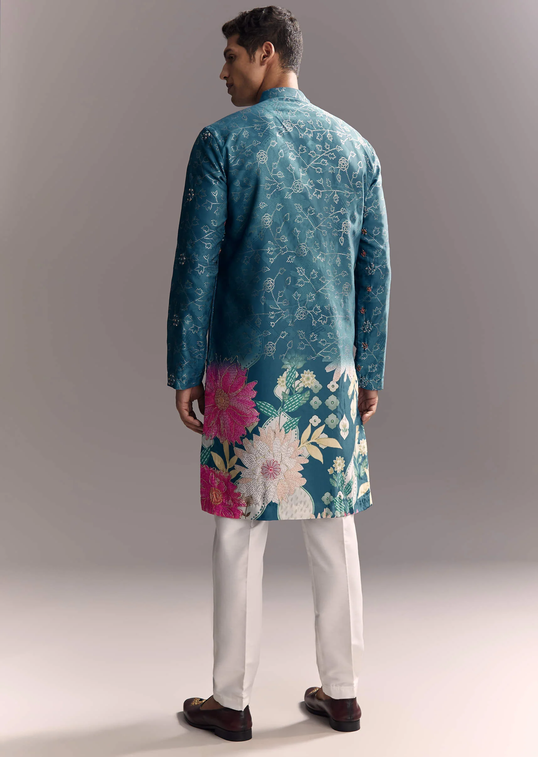 Blue Silk Kurta Set For Men With Resham Embroidery - Image 4
