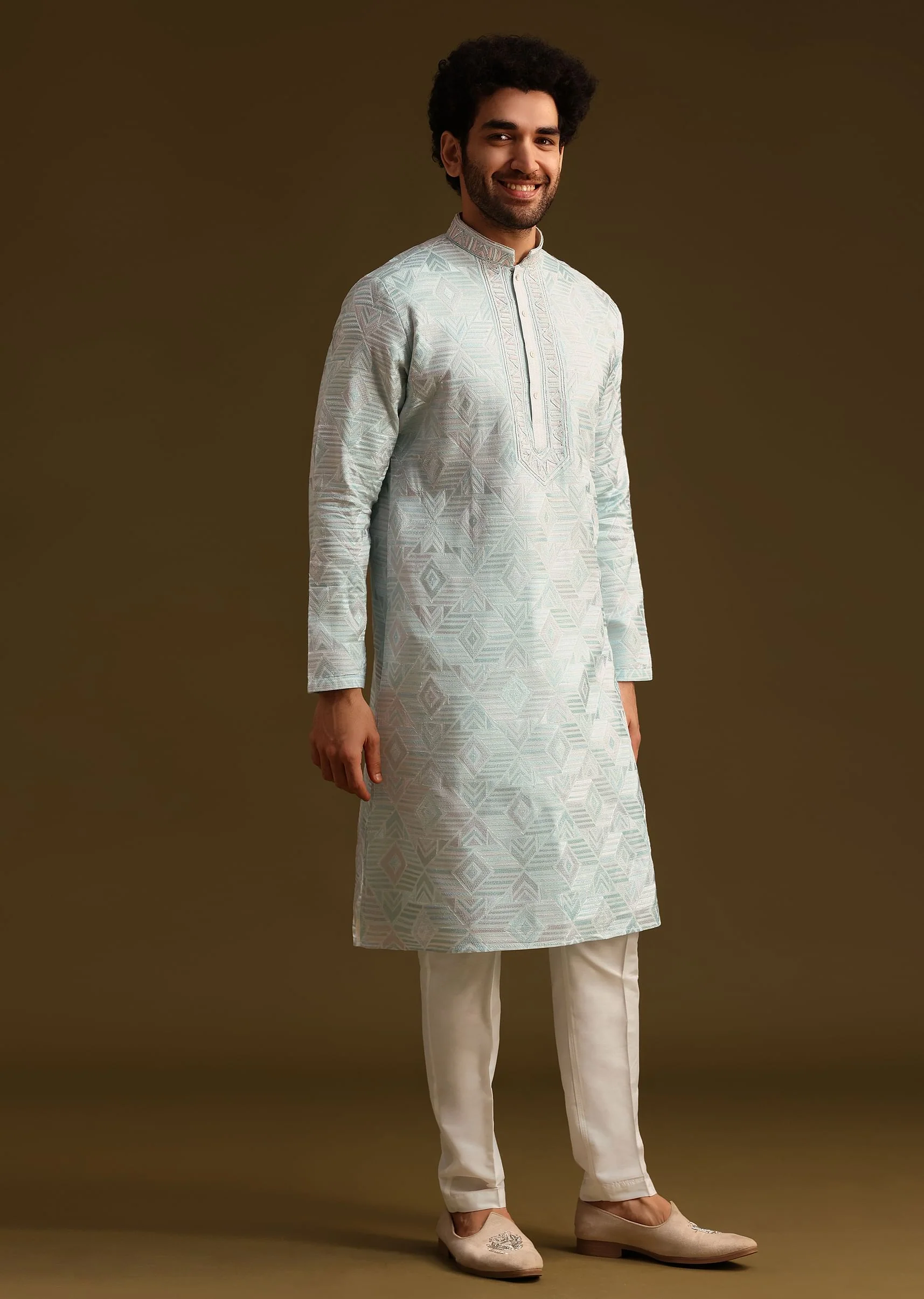 Blue Silk Mandarin Collar Kurta Set With Embroidered Yoke