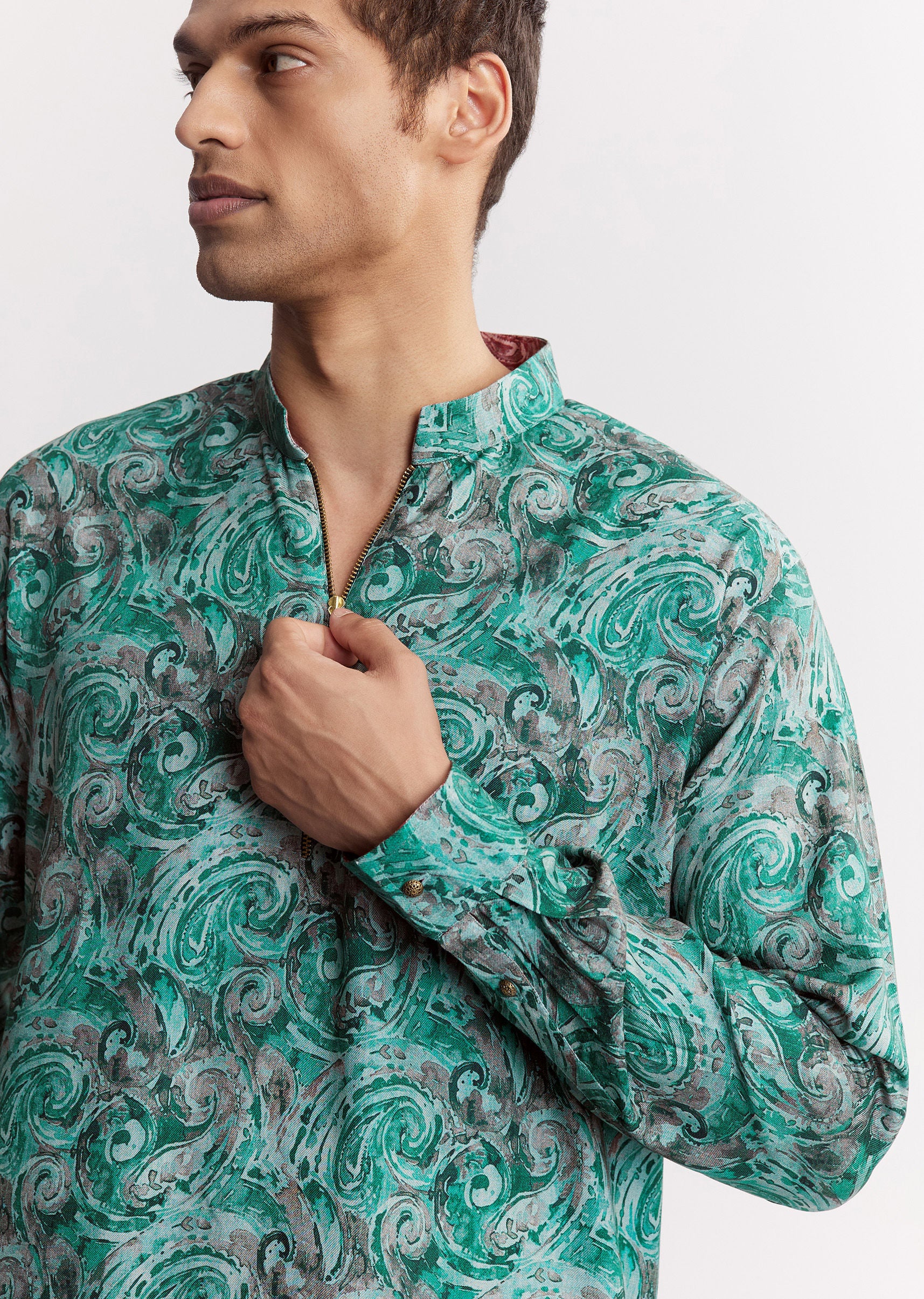 Blue Silk Printed Kurta Set With Zipper - Image 2