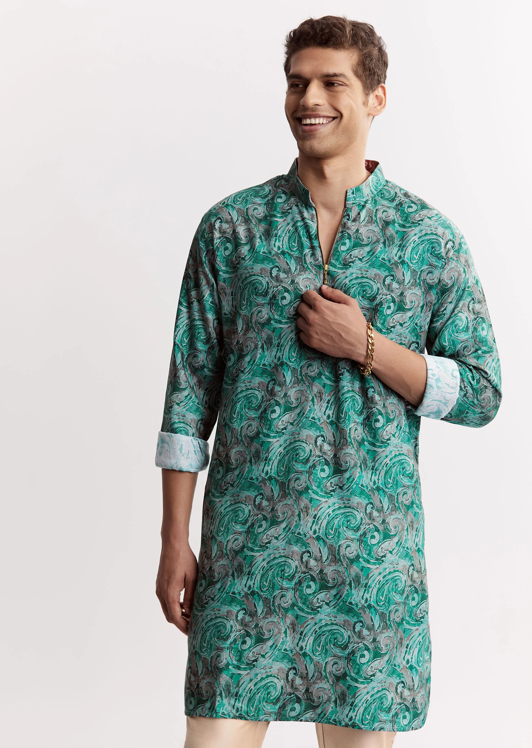 Blue Silk Printed Kurta Set With Zipper - Image 3