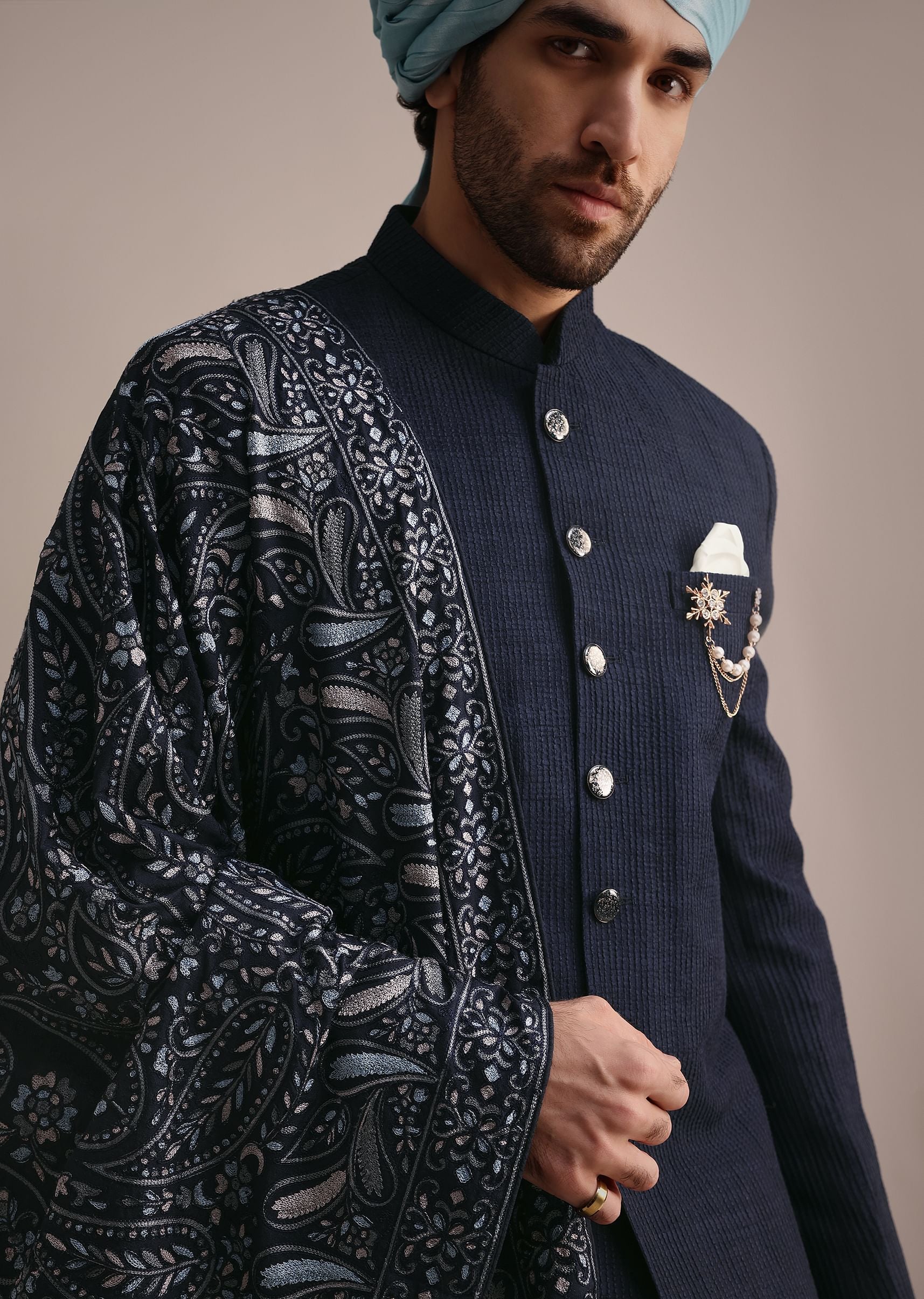 Blue Silk Sherwani With Pashmina Dupatta - Image 2