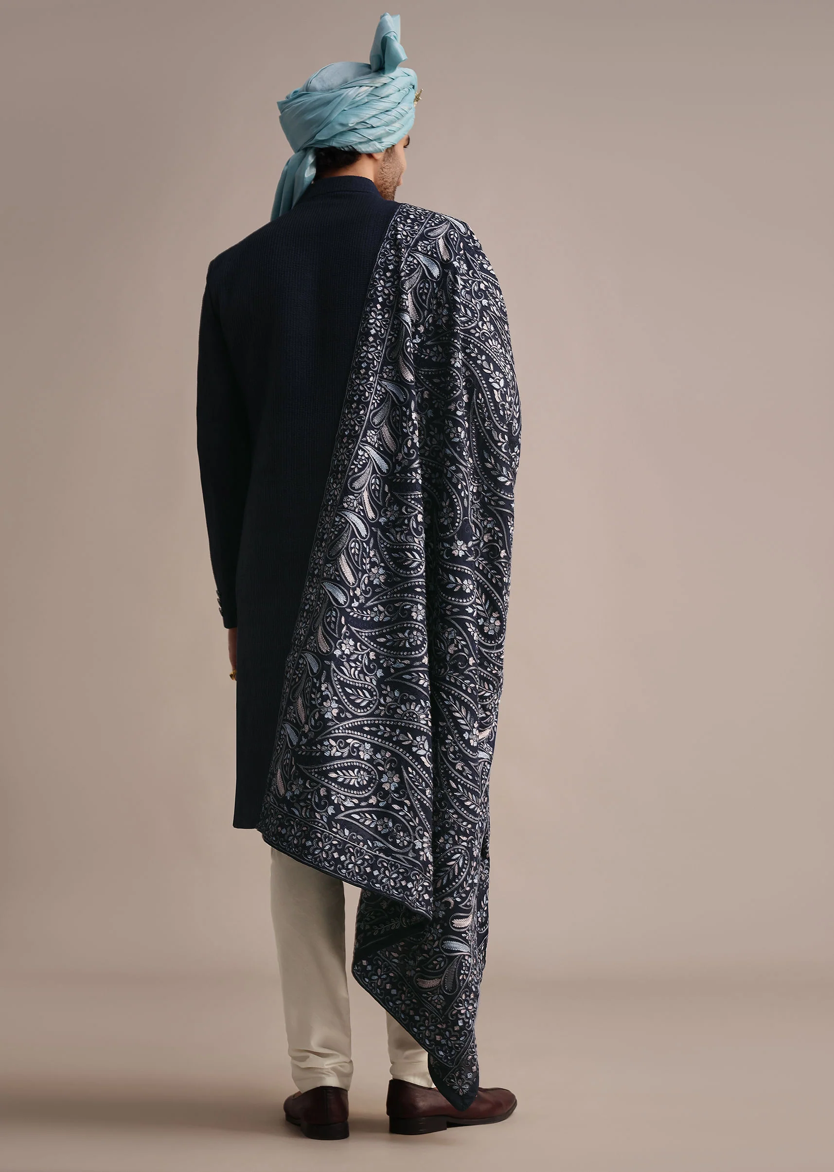Blue Silk Sherwani With Pashmina Dupatta - Image 5