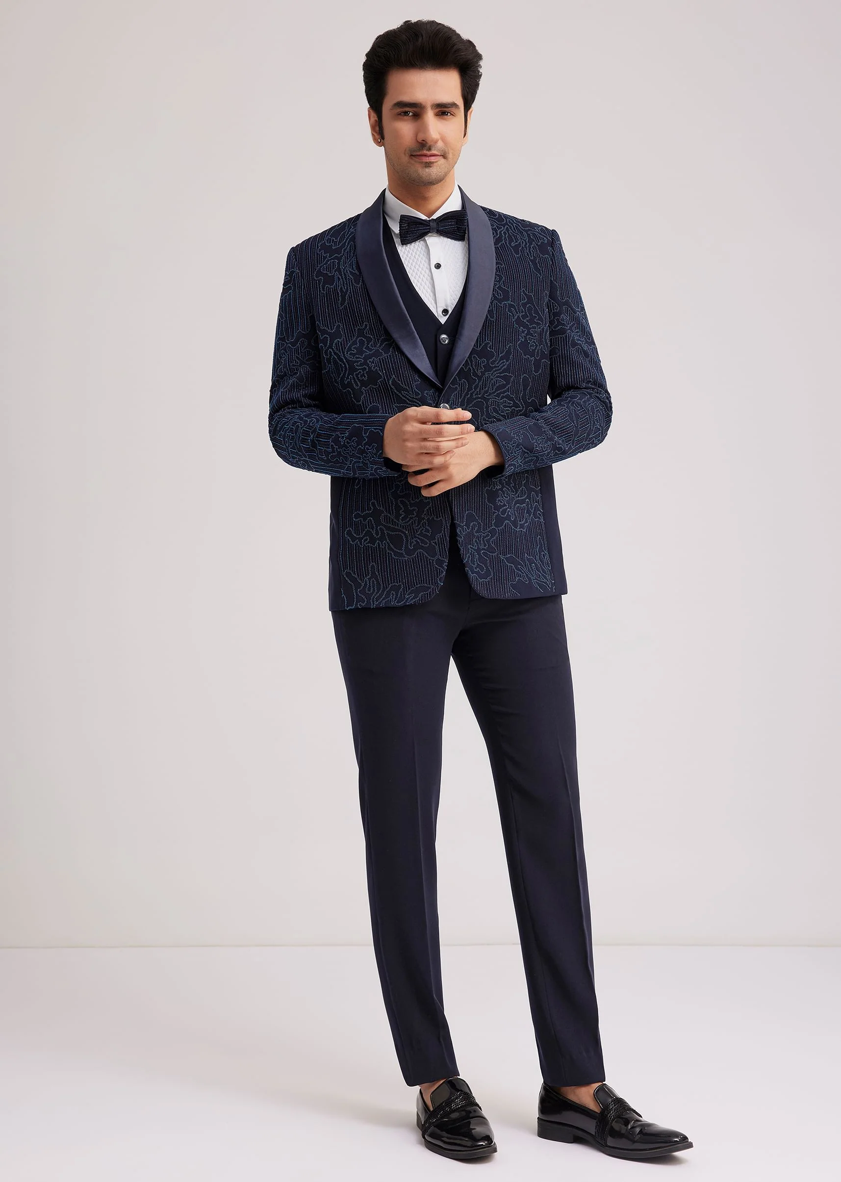 Blue Silk Tuxedo With Resham Work - Image 2