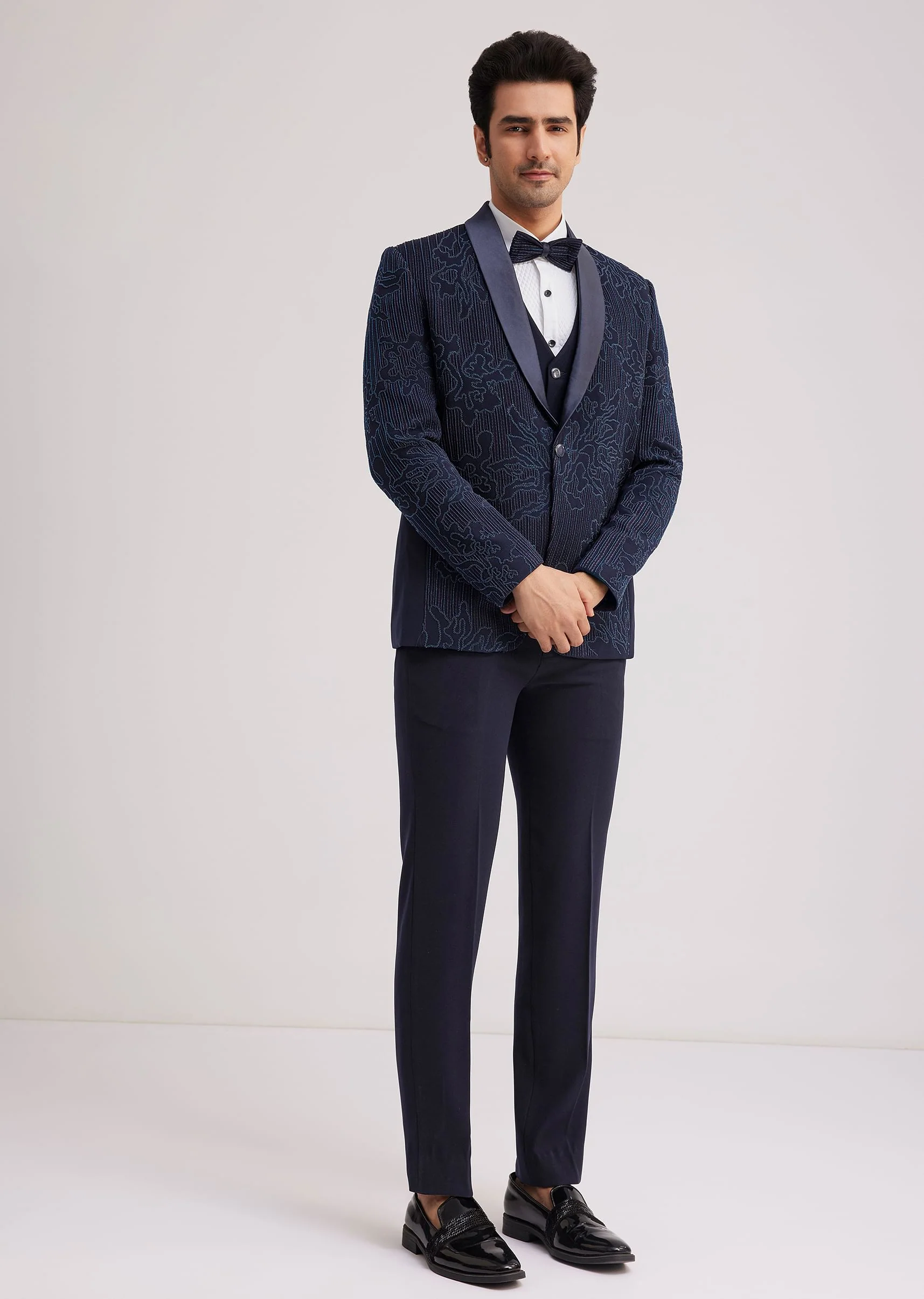 Blue Silk Tuxedo With Resham Work - Image 4
