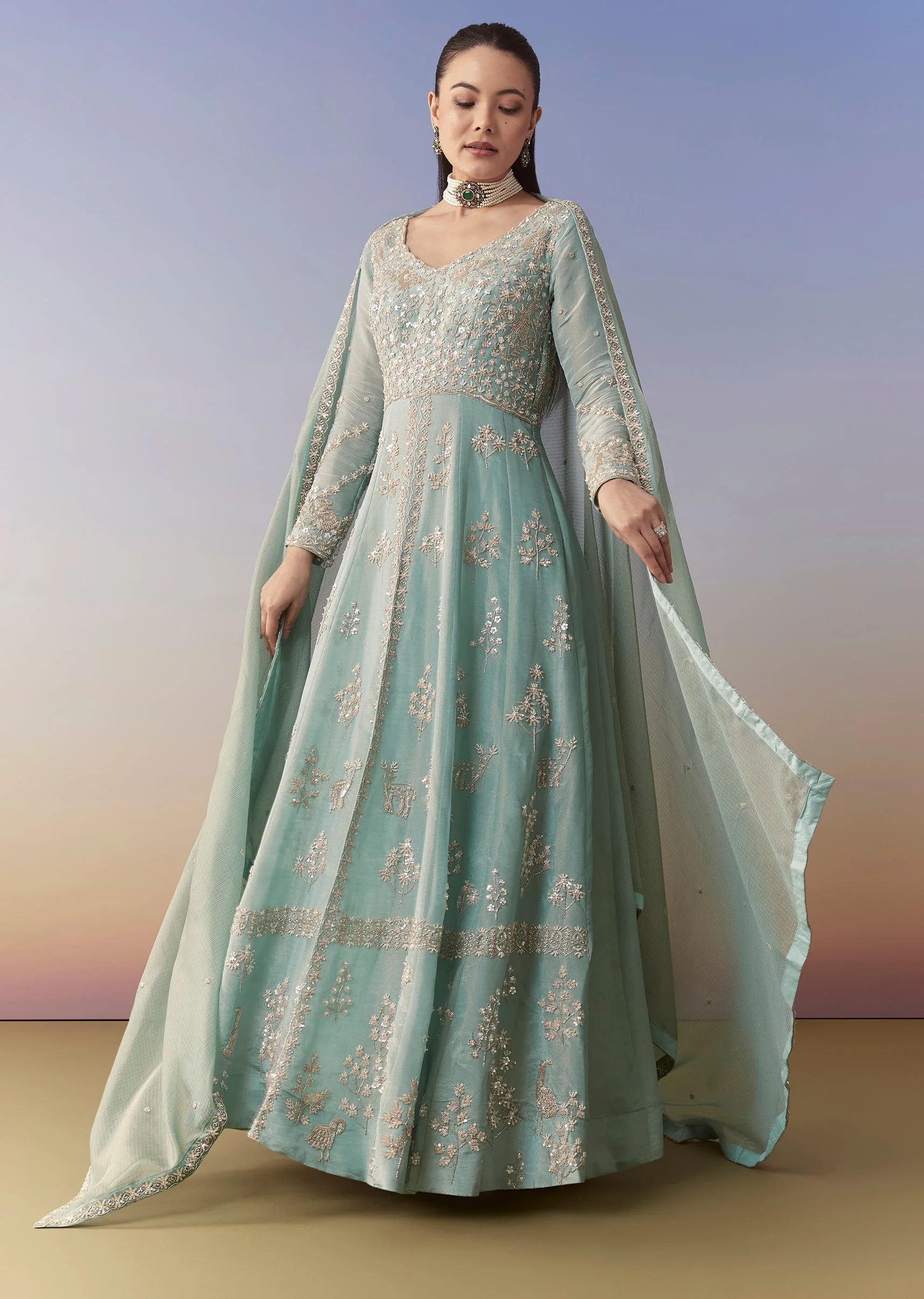 Blue Slit Anarkali Palazzo Set with Sequin Work - Image 3