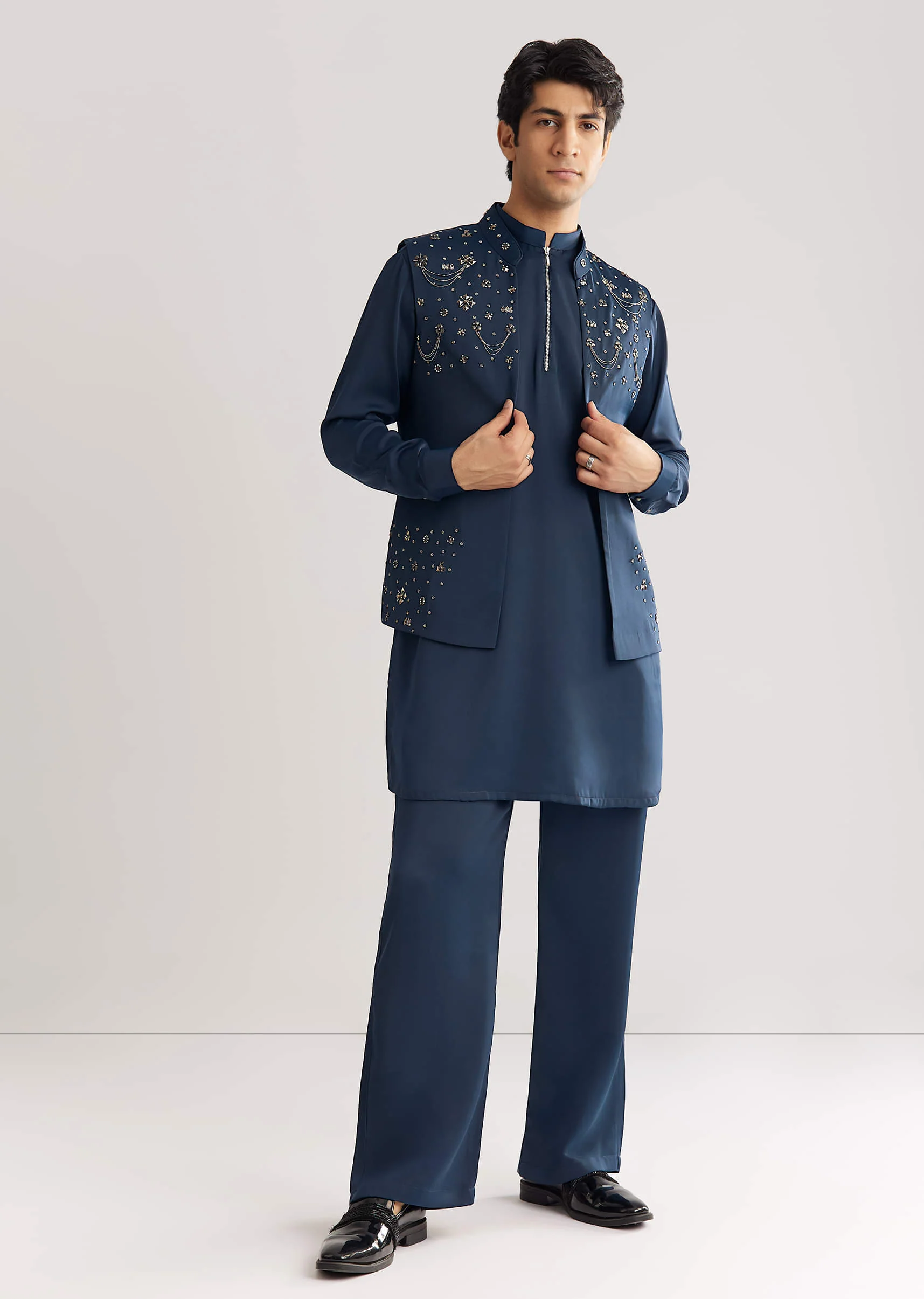 Blue Suiting Jacket Kurta Set With Metal Work - Image 2