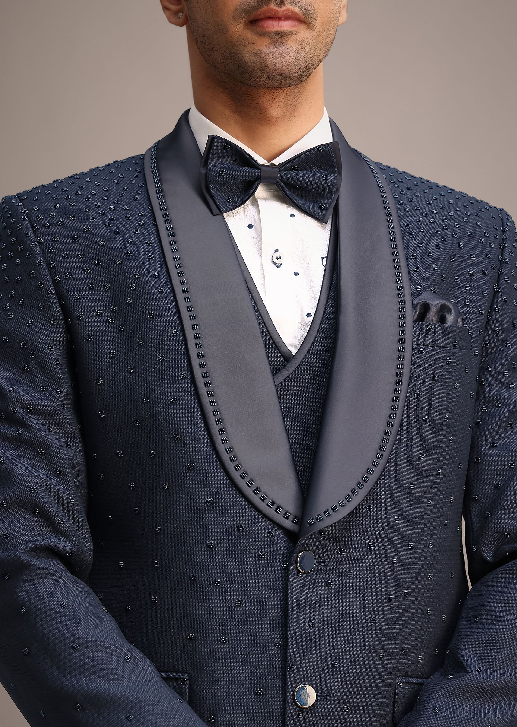 Blue Terry Rayon Tuxedo Set With Hand Work - Image 2