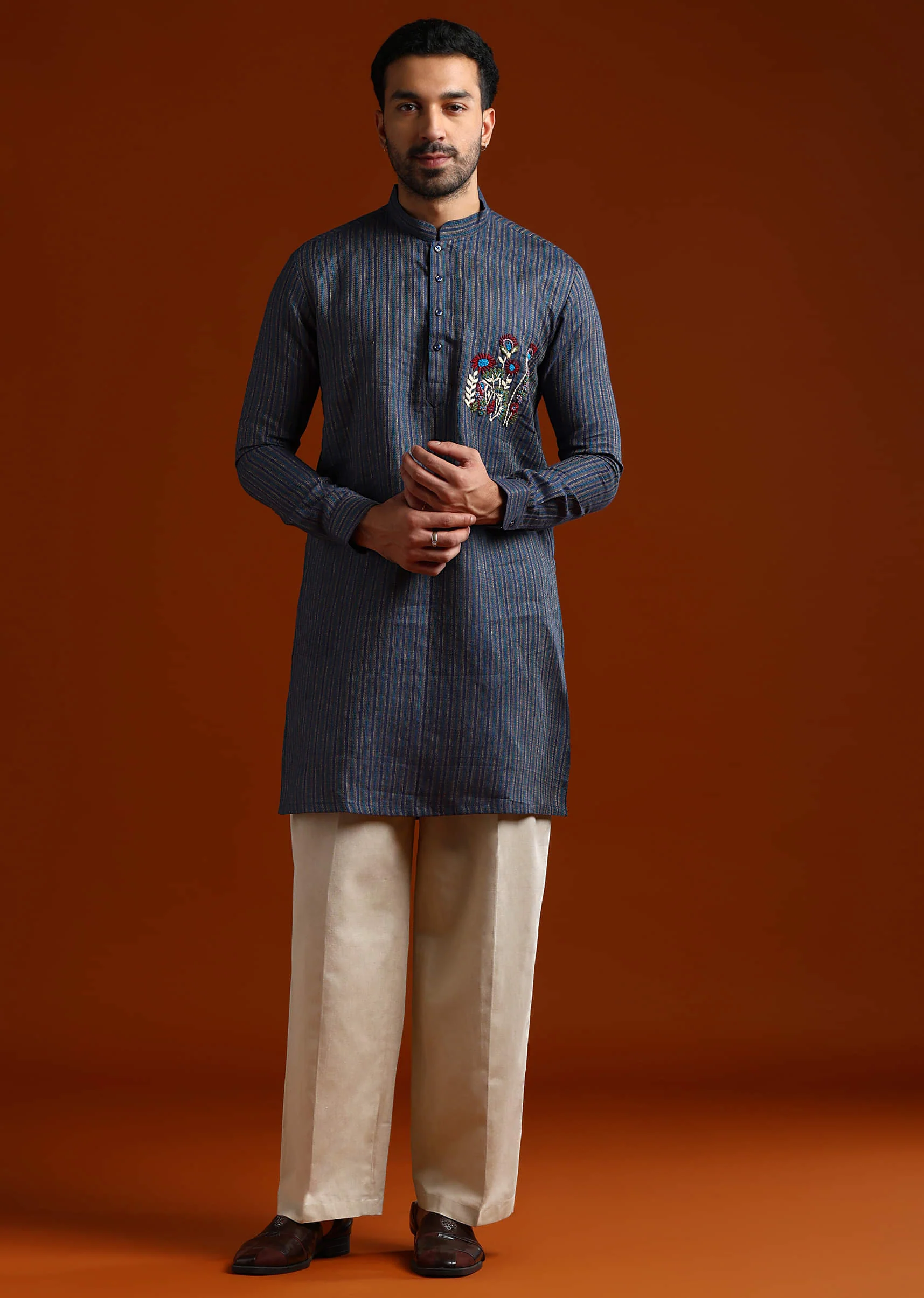 Blue Textured Kurta Set For Men With Resham Embroidery - Image 3
