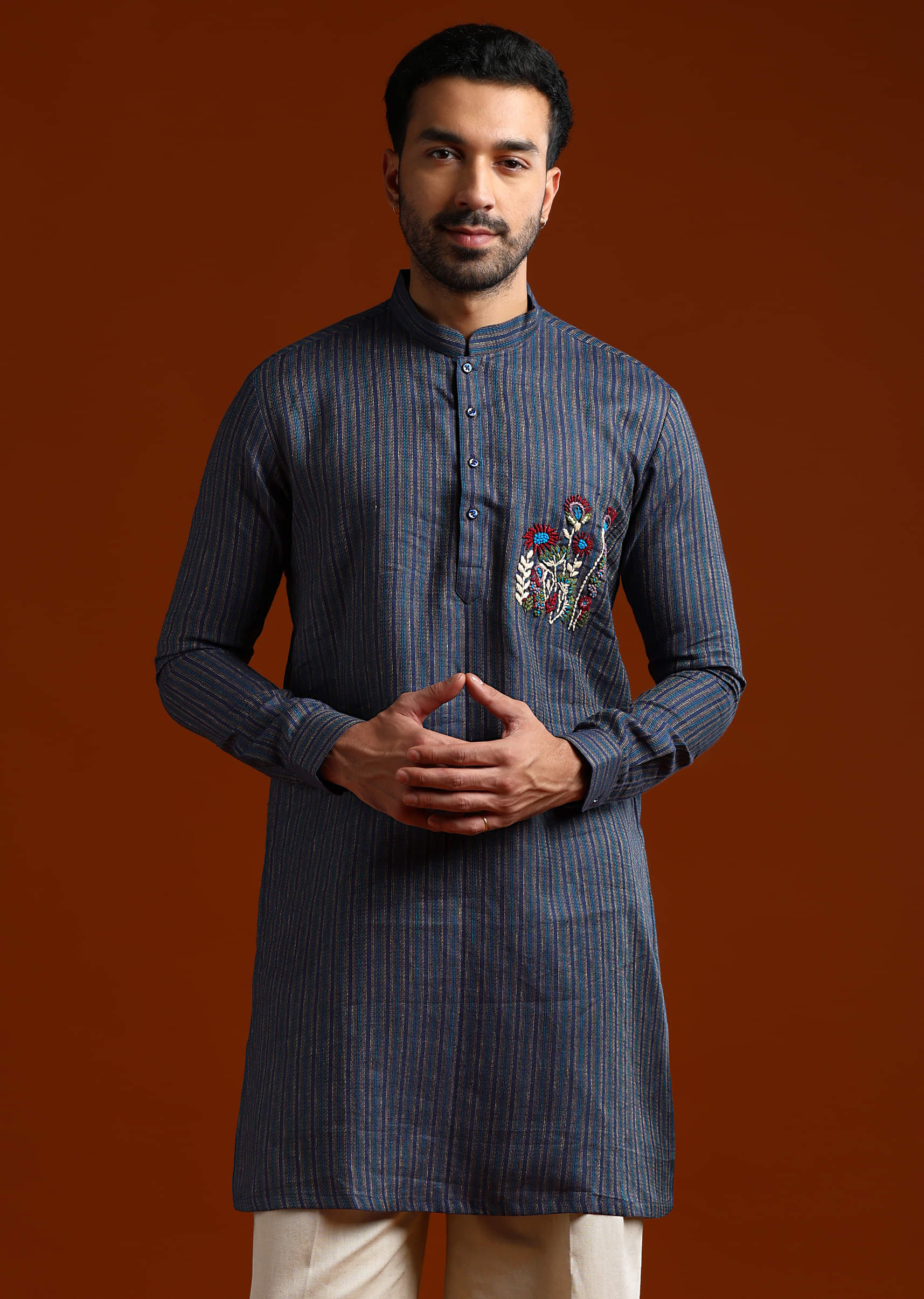 Blue Textured Kurta Set For Men With Resham Embroidery - Image 4