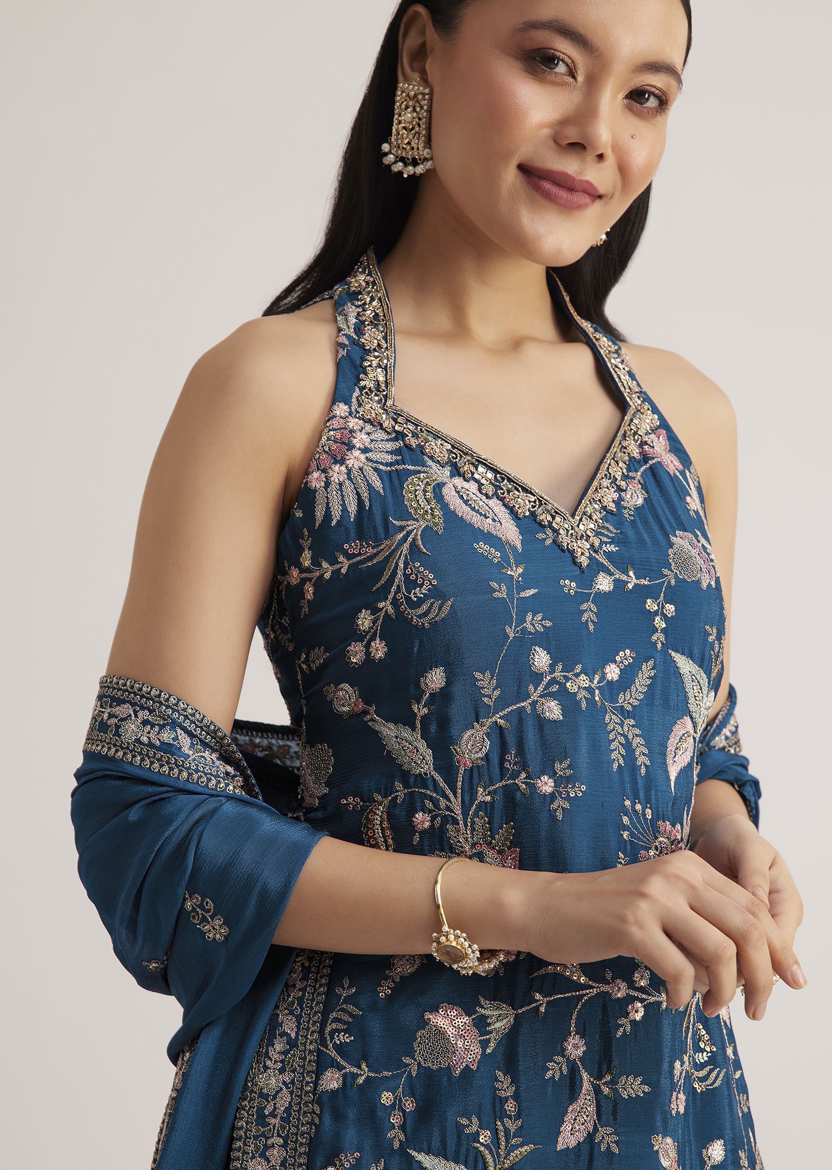 Blue Thread Work Sharara Suit With Dupatta - Image 2