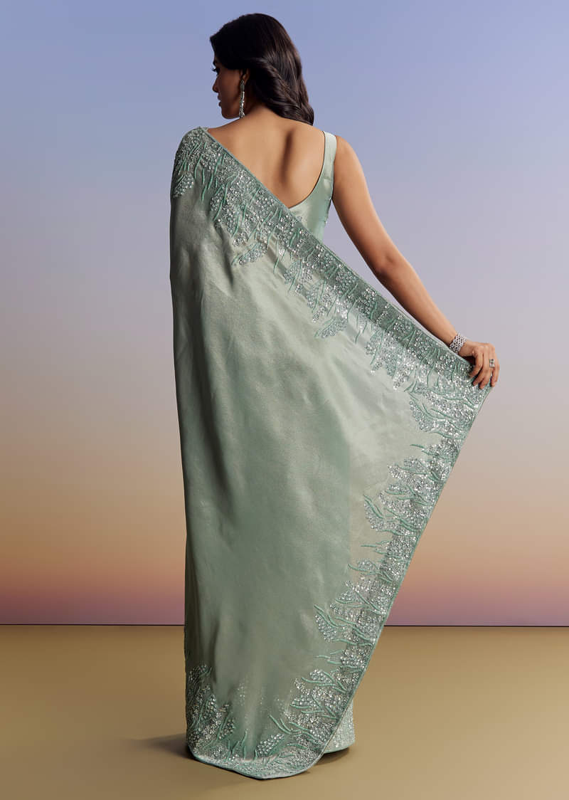 Blue Tissue Saree With Cutdana Sequins And Beads Embroidered Border - Image 6