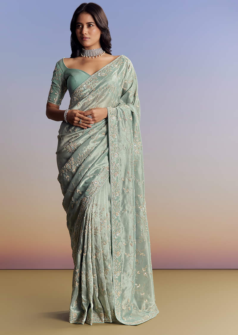 Blue Tissue Saree With Cutdana Sequins And Beads Hand Embroidery - Image 3