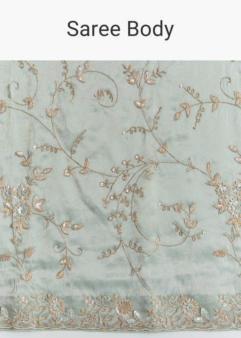 Blue Tissue Saree With Cutdana Sequins And Beads Hand Embroidery - Image 9