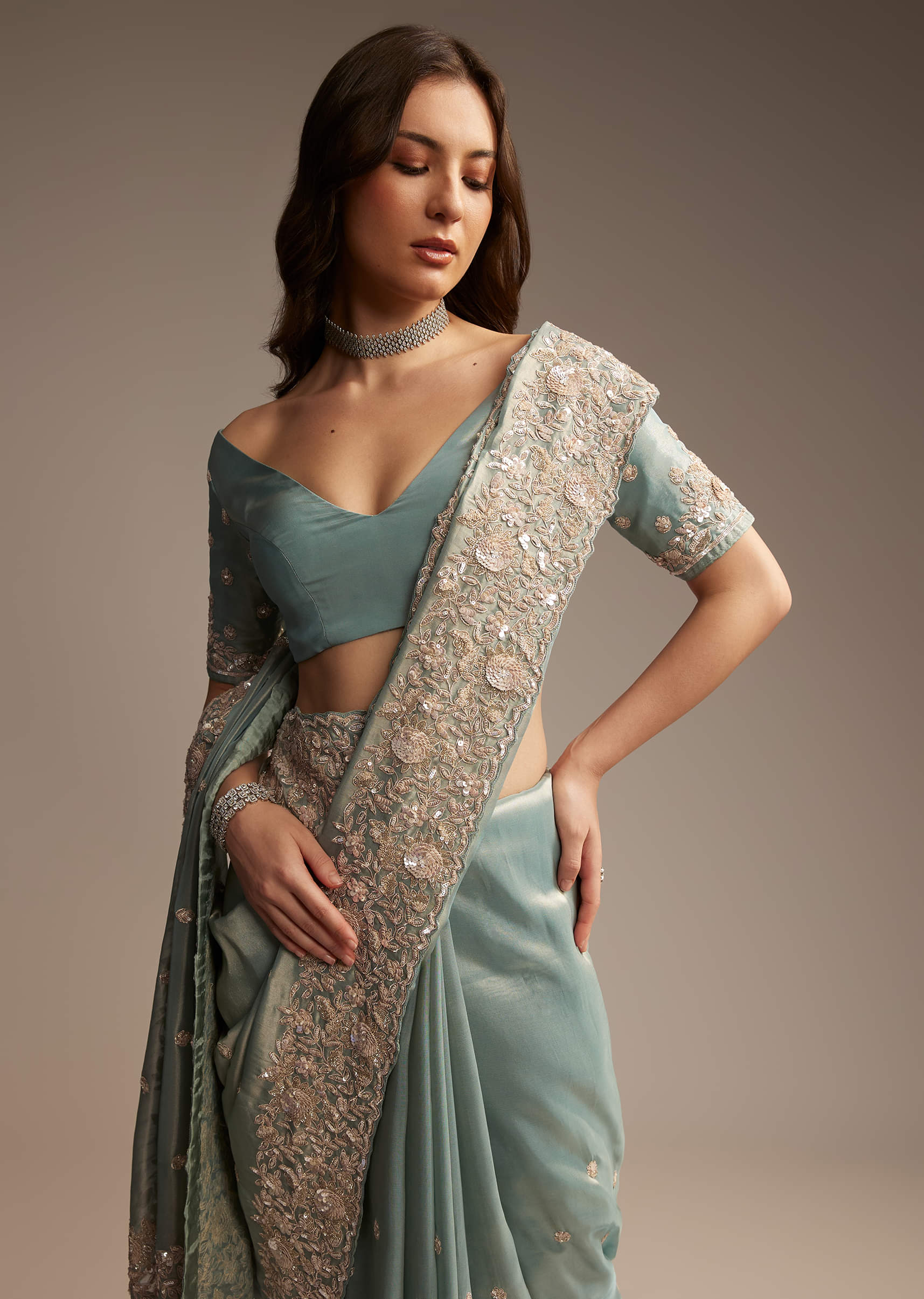 Blue Tissue Saree with Cutwork and Heavy Embroidery - Image 4