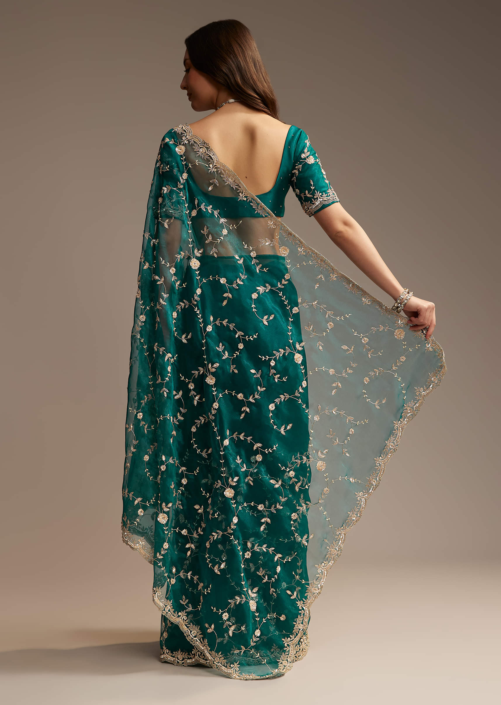 Blue Tissue Saree with Heavy Floral Jaal Embroidery - Image 5