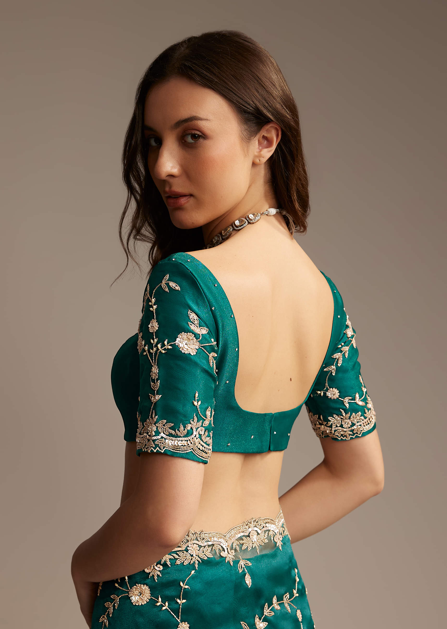 Blue Tissue Saree with Heavy Floral Jaal Embroidery - Image 7