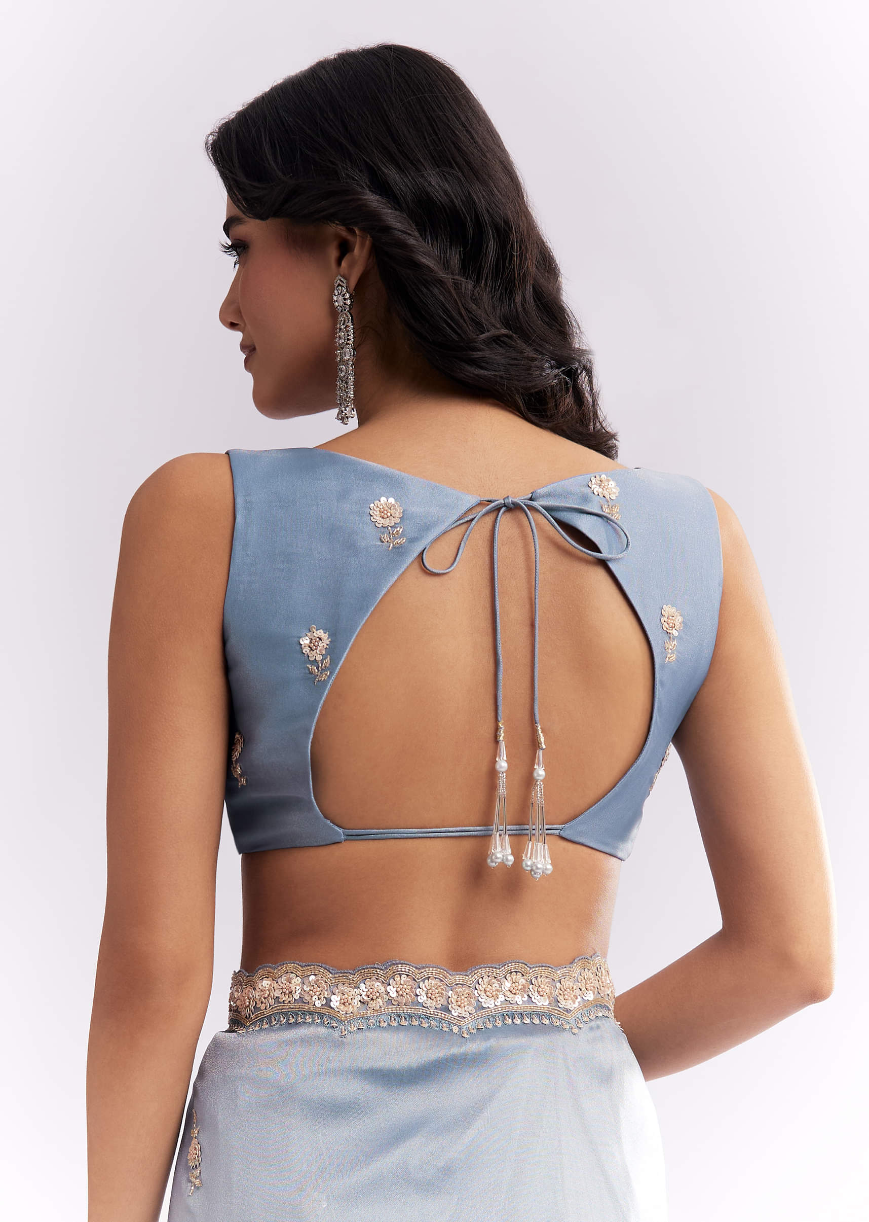 Blue Tissue Silk Saree With Heavy Hand Embroidery - Image 8