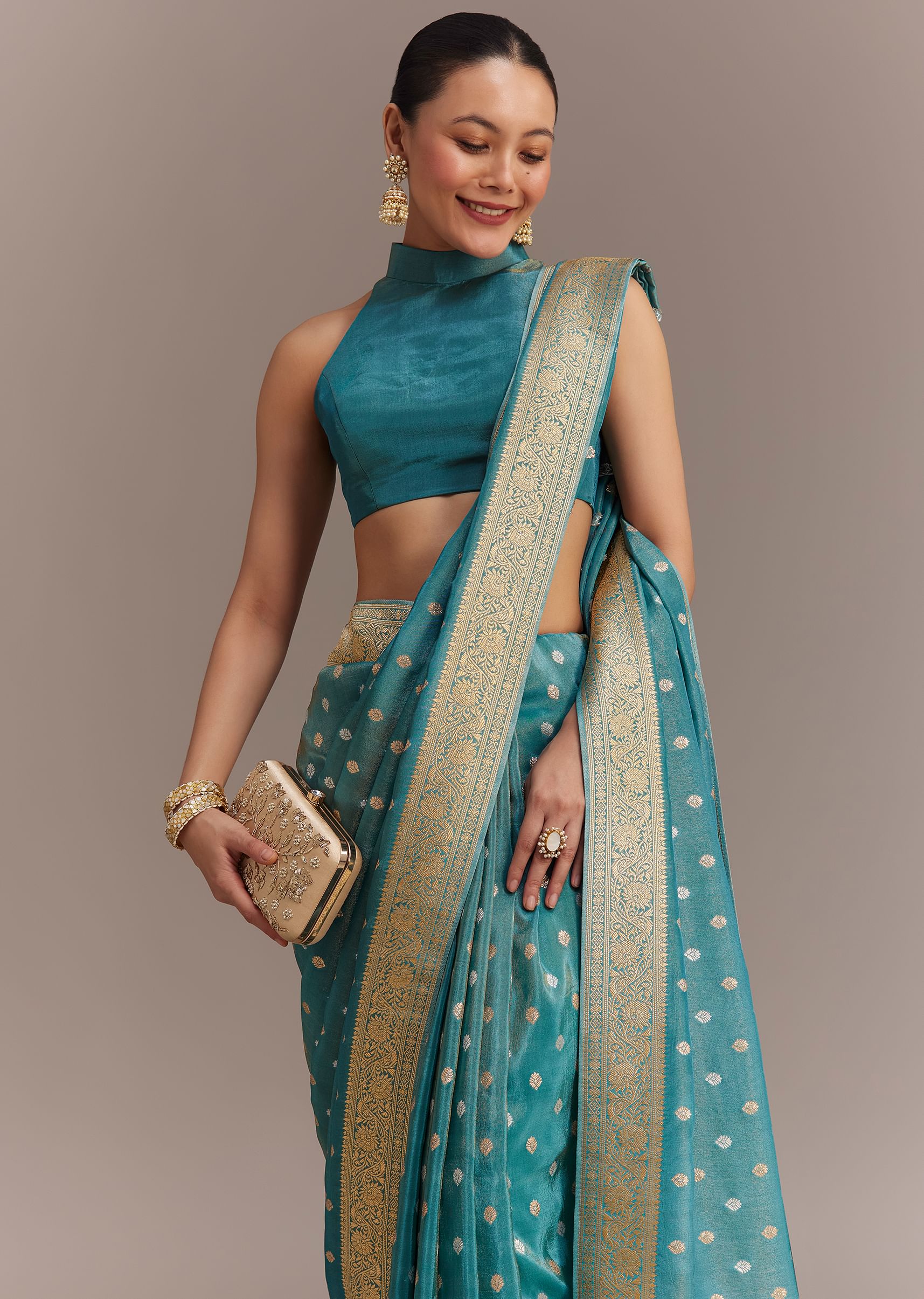 Blue Tissue Silk Saree With Zari Border Butti And Pallu - Image 2