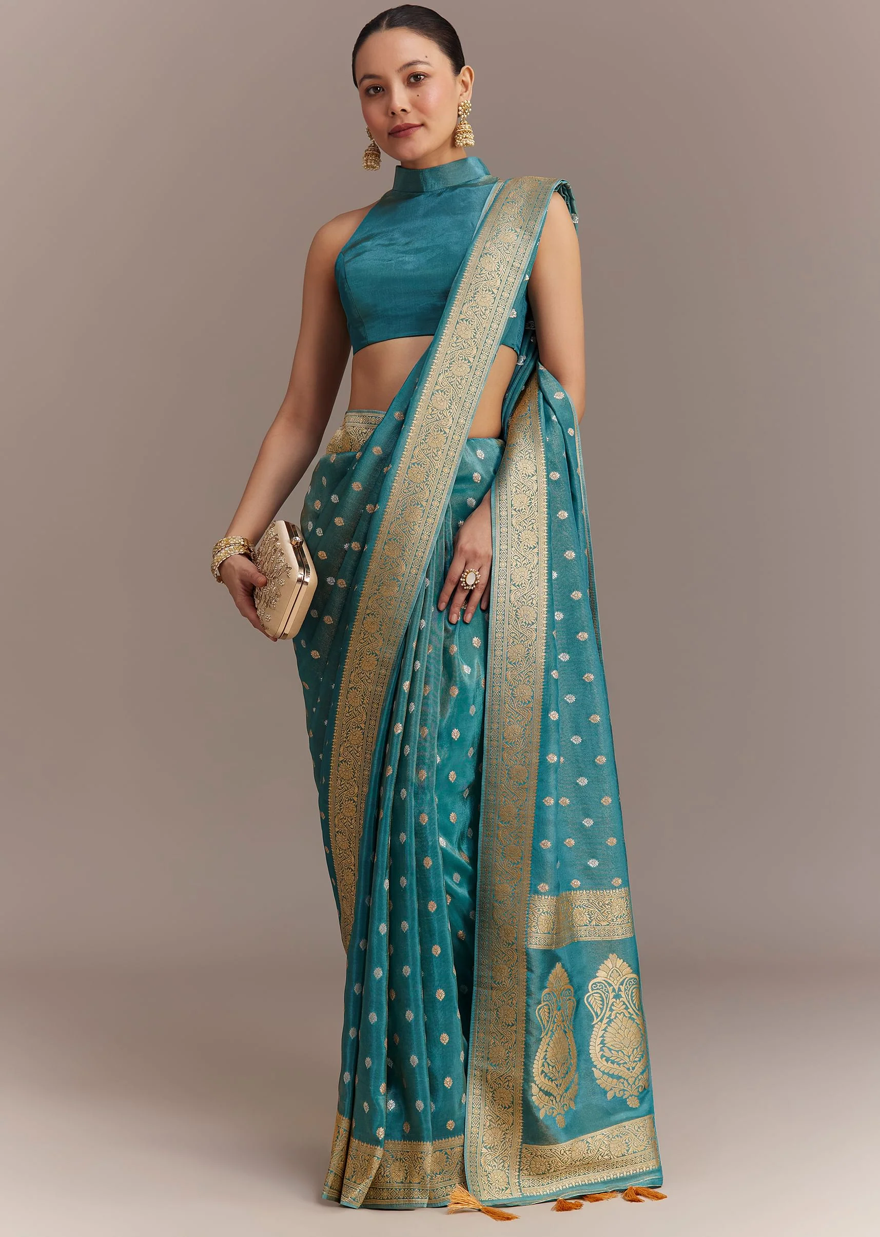 Blue Tissue Silk Saree With Zari Border Butti And Pallu - Image 3