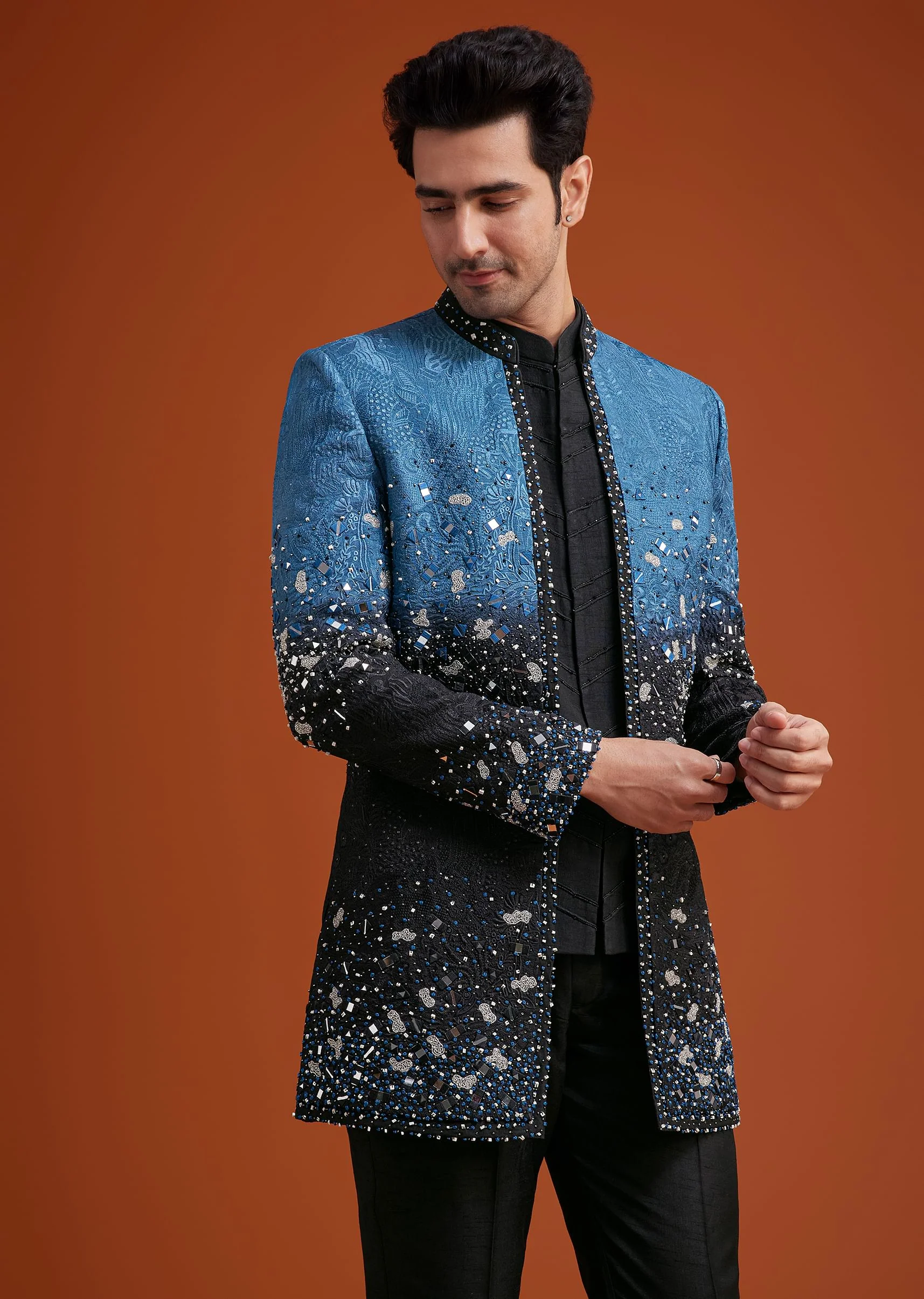 Blue To Black Ombre Indo Jacket Set With Mirror And Sequin Embellishments - Image 4