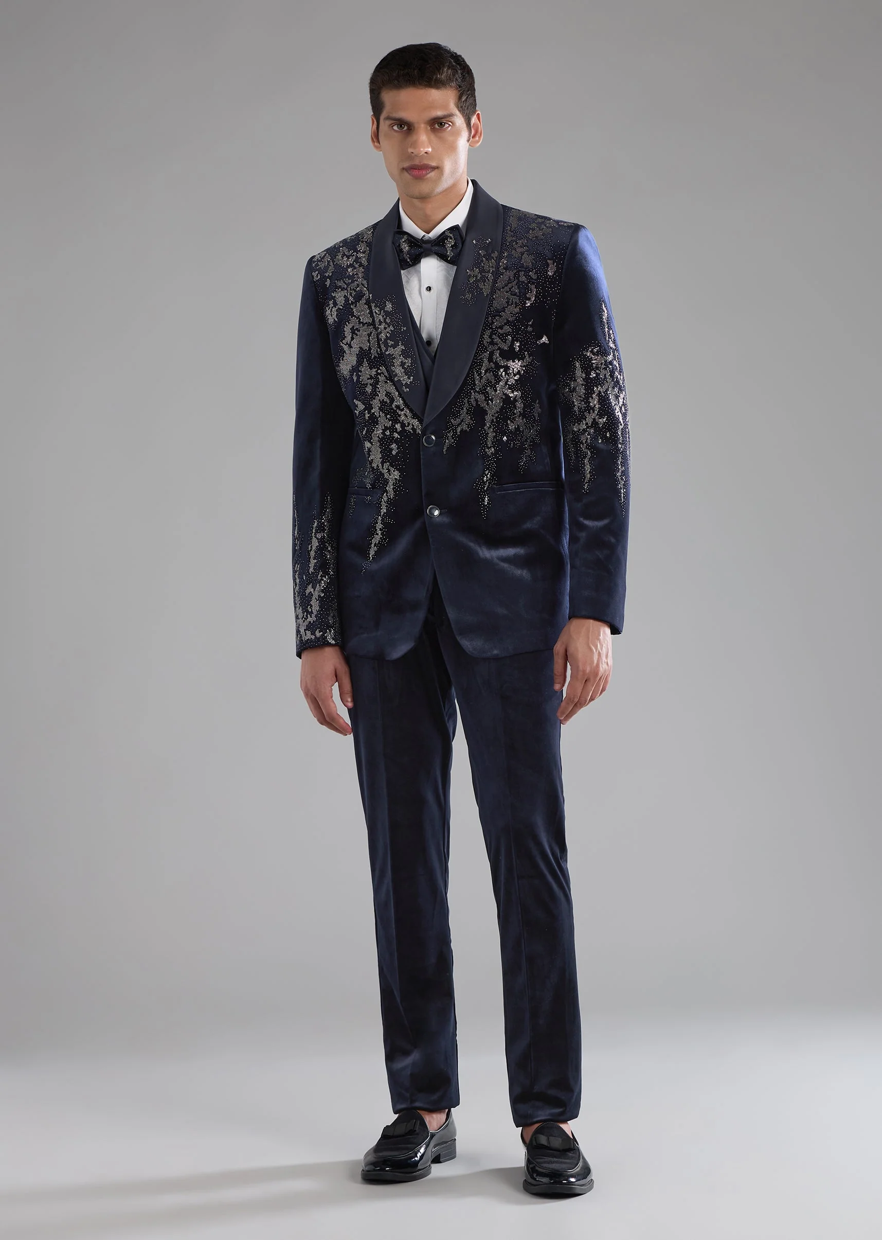 Blue Velvet Embellished Tuxedo and Bow Set