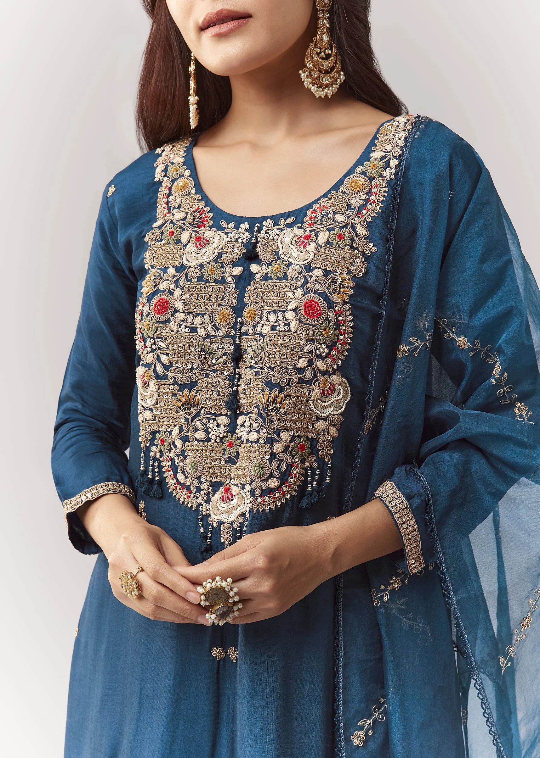 Blue Zardosi Kurta Pant Set With Dupatta - Image 2
