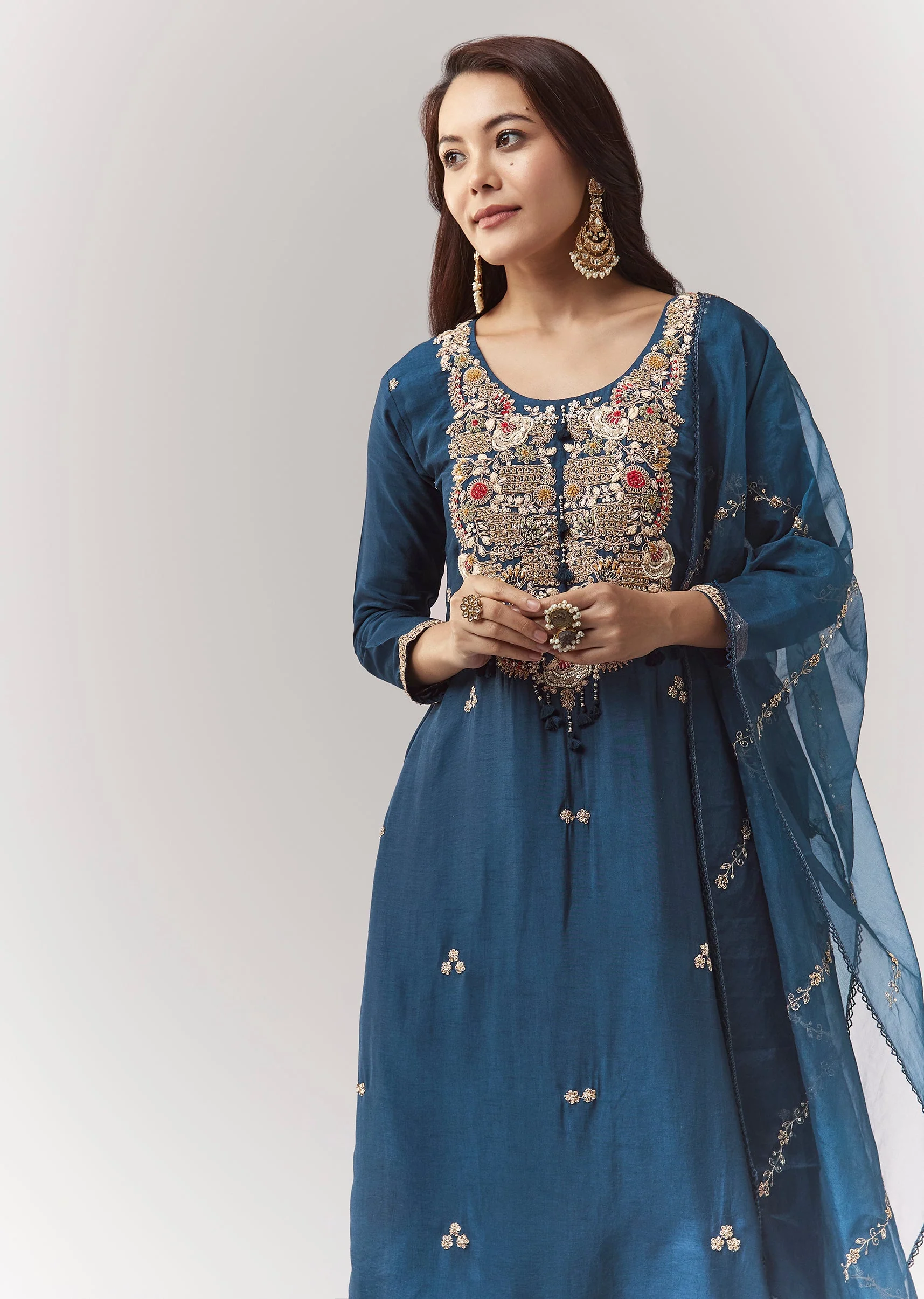 Blue Zardosi Kurta Pant Set With Dupatta - Image 4
