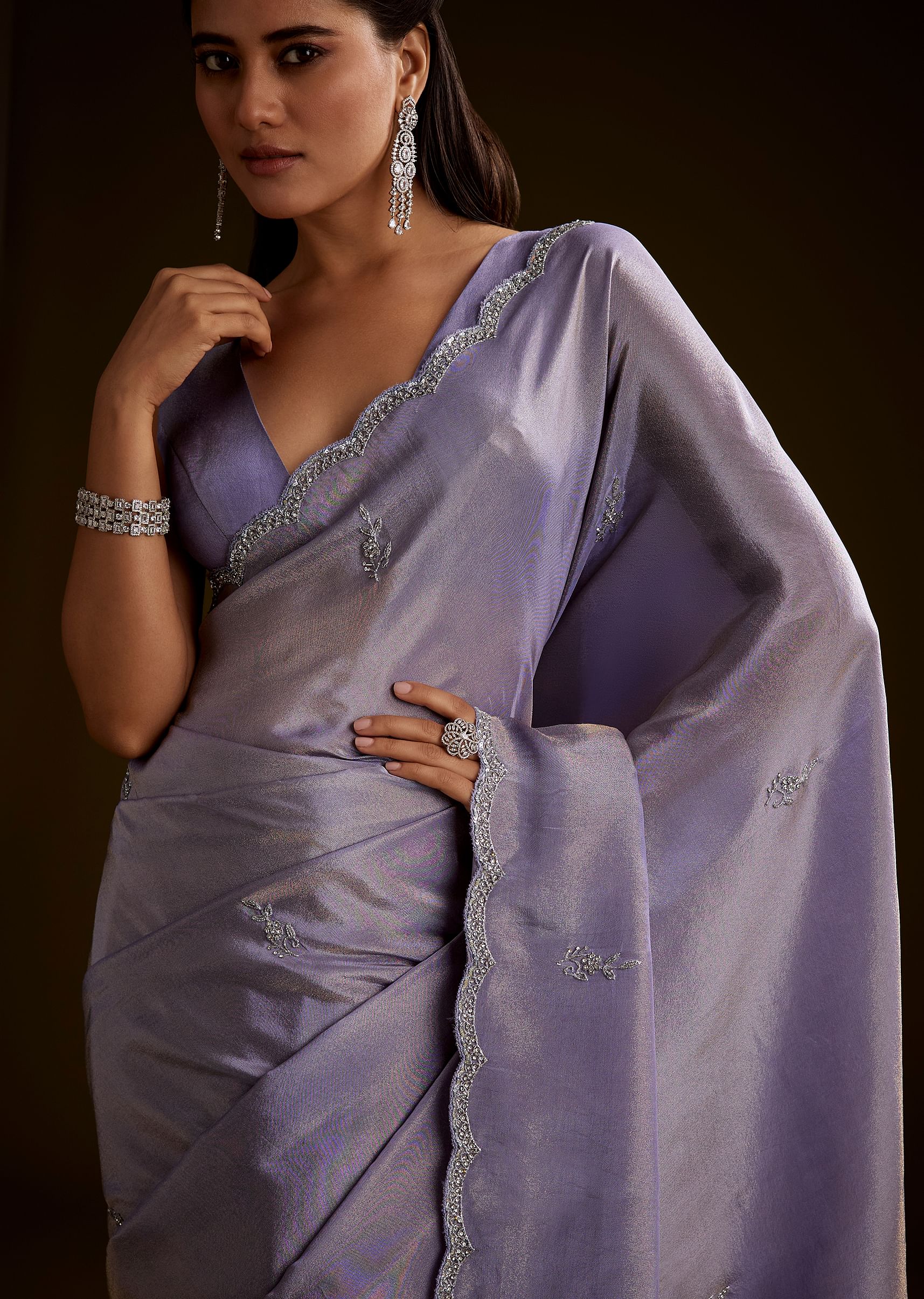 Blush Grey Tissue Saree With Cutdana And Sequins Embroidery And Scallop Border - Image 3