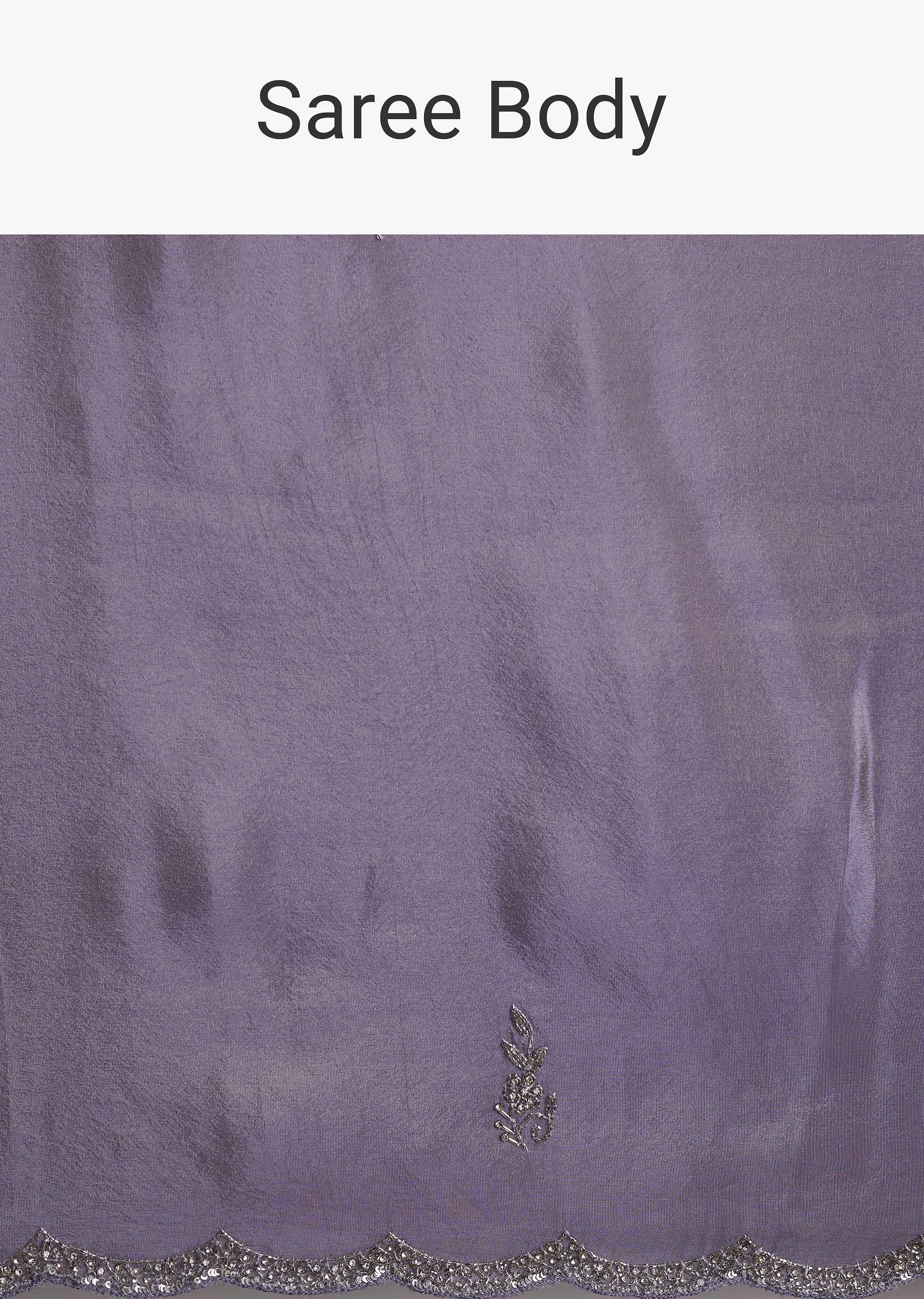 Blush Grey Tissue Saree With Cutdana And Sequins Embroidery And Scallop Border - Image 9