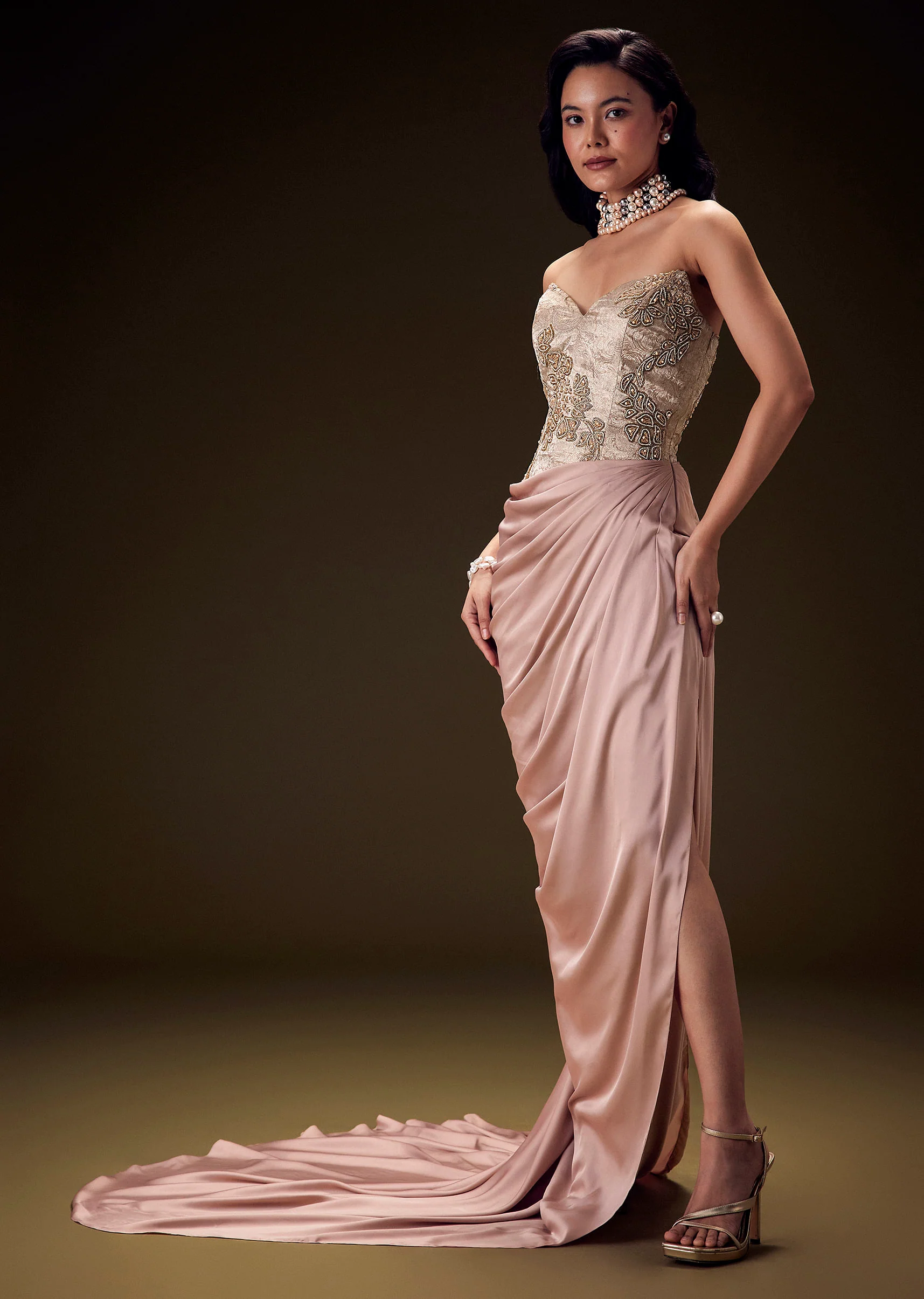 Blush Peach Embroidered Brocade Corset Gown With Drape And Side Slit