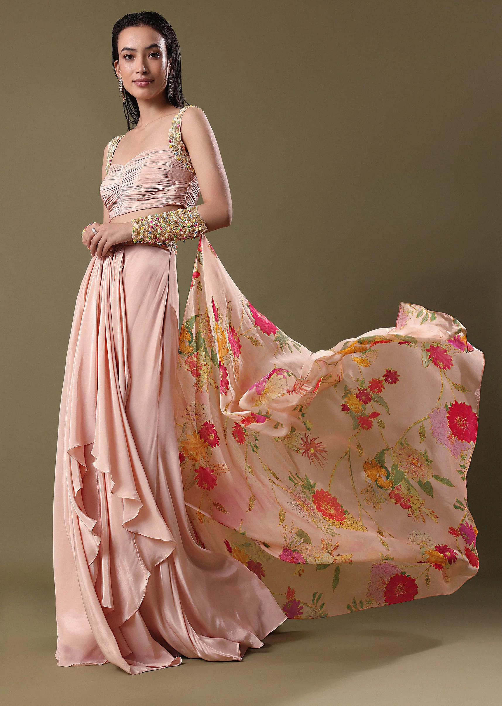 Blush Peach Lehenga With Blouse And Cuff Cape - Image 3