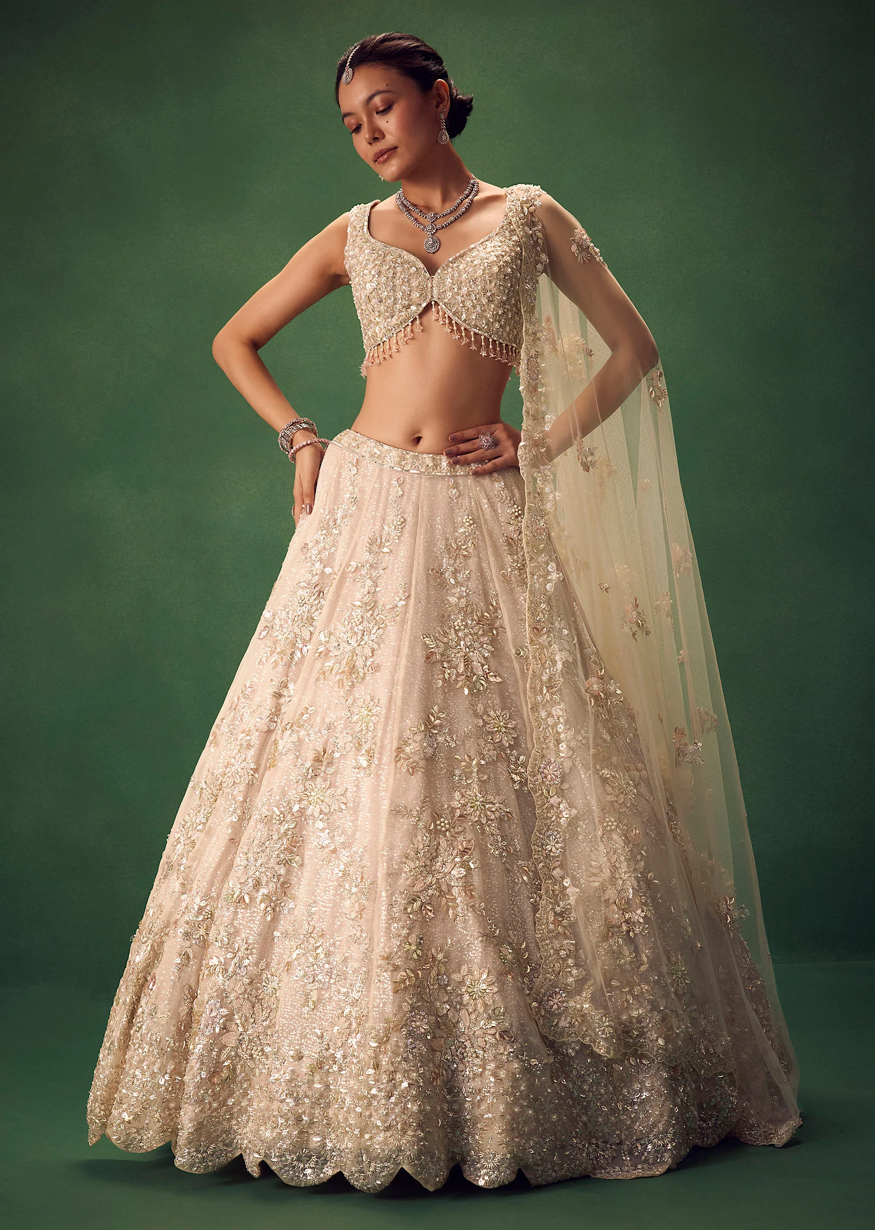 Blush Pink 3D Floral And Bead Work Lehenga Set - Image 2