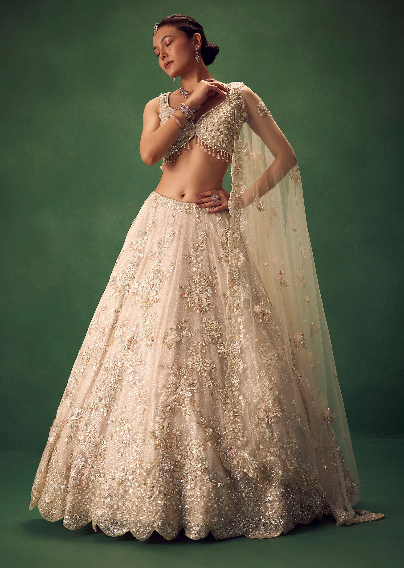 Blush Pink 3D Floral And Bead Work Lehenga Set - Image 5