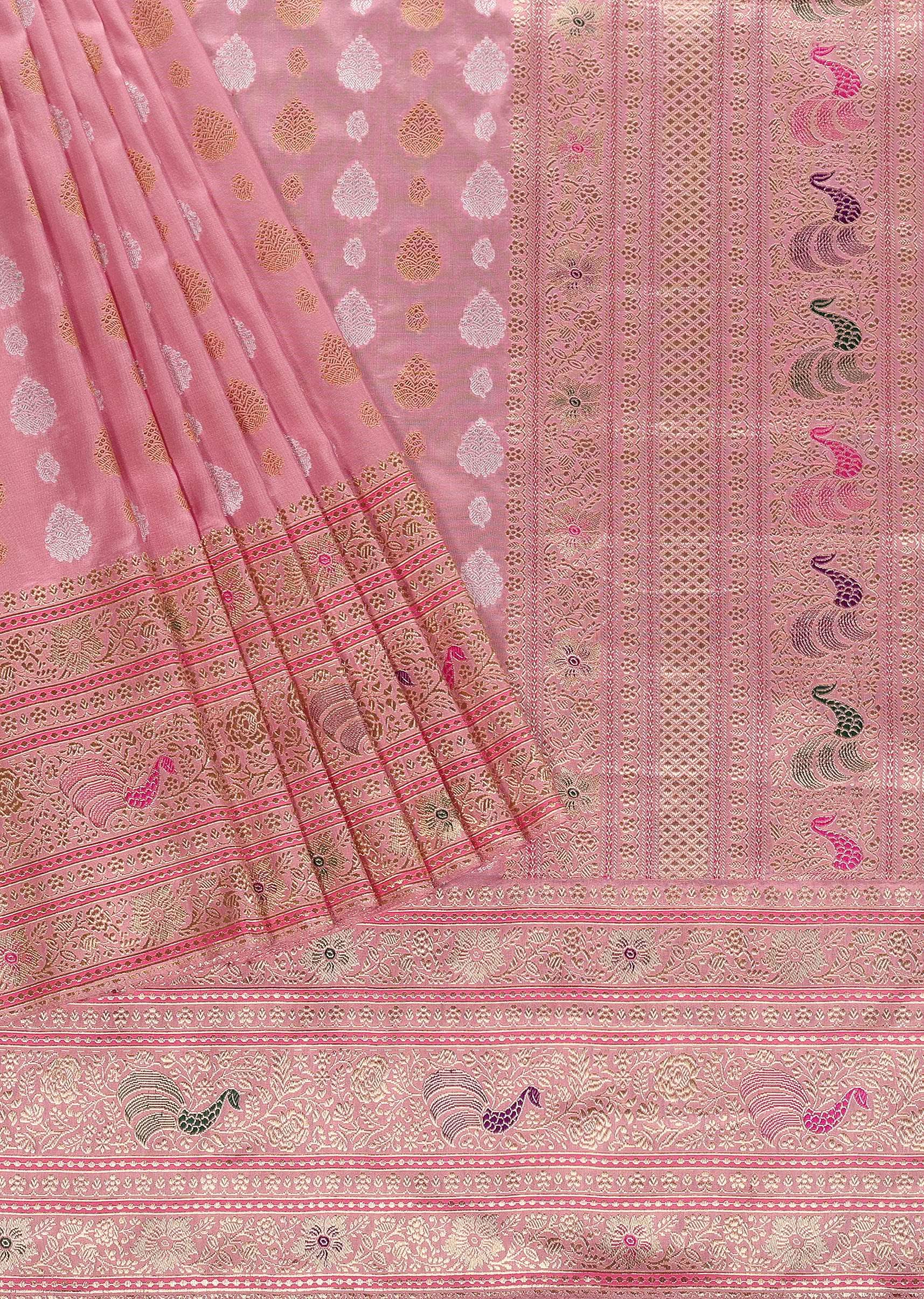 Blush Pink Banarasi Silk Saree In Kadhva Weave With Unstitched Blouse - Image 4