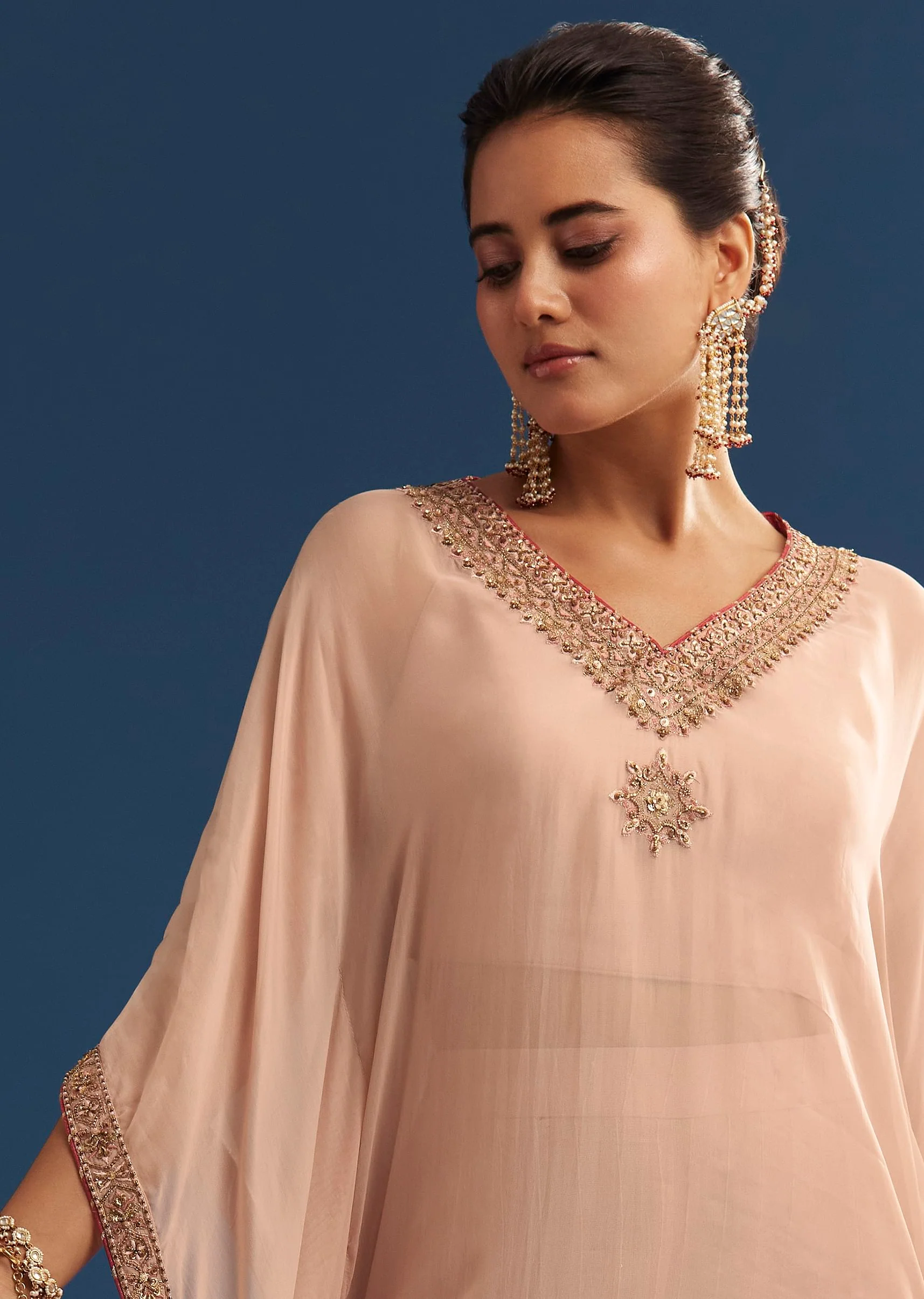 Blush Pink Embroidered Kaftan Sharara Set In Organza - Image 2