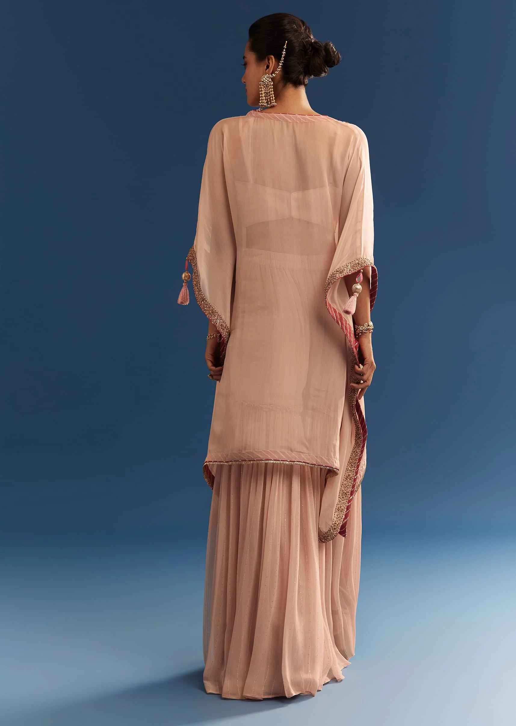 Blush Pink Embroidered Kaftan Sharara Set In Organza - Image 6