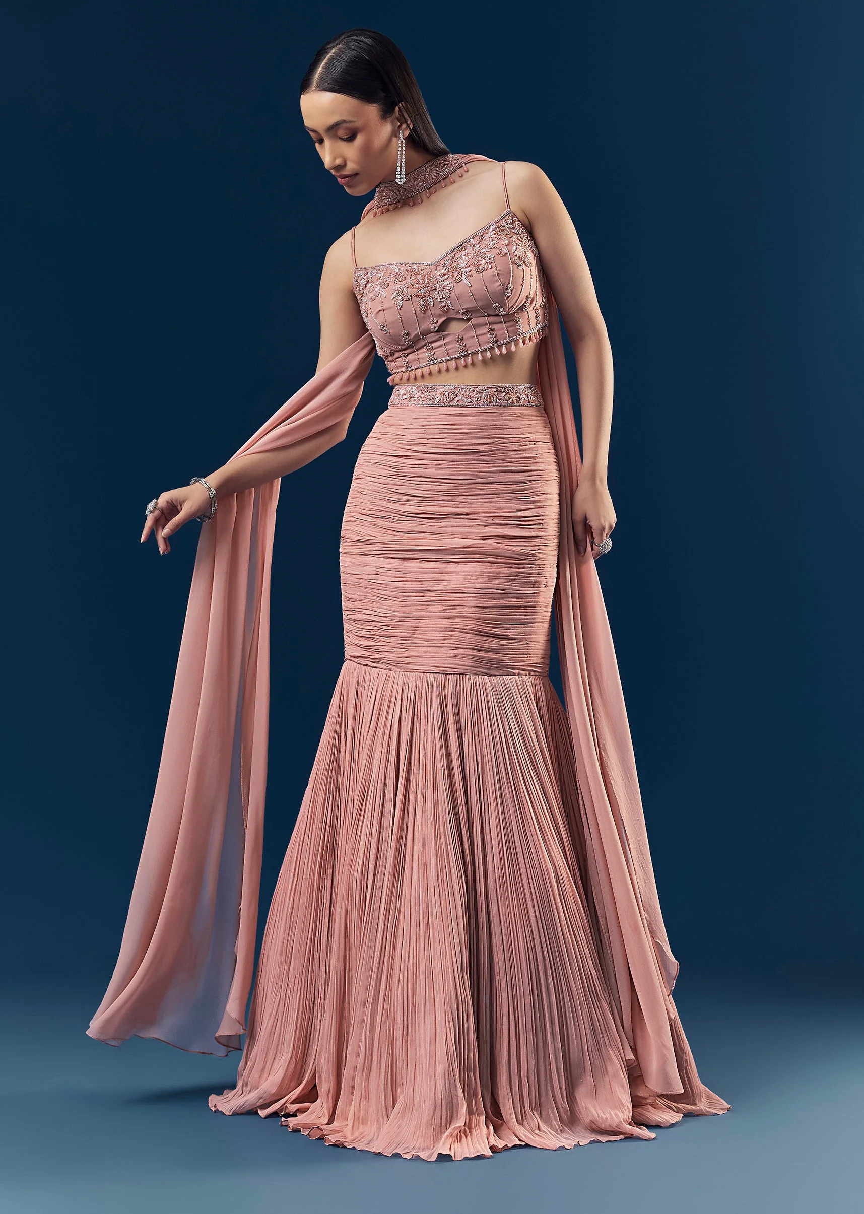 Blush Pink Georgette Fish Cut Lehenga With Embroidered Sleeveless Blouse And Choker Dupatta