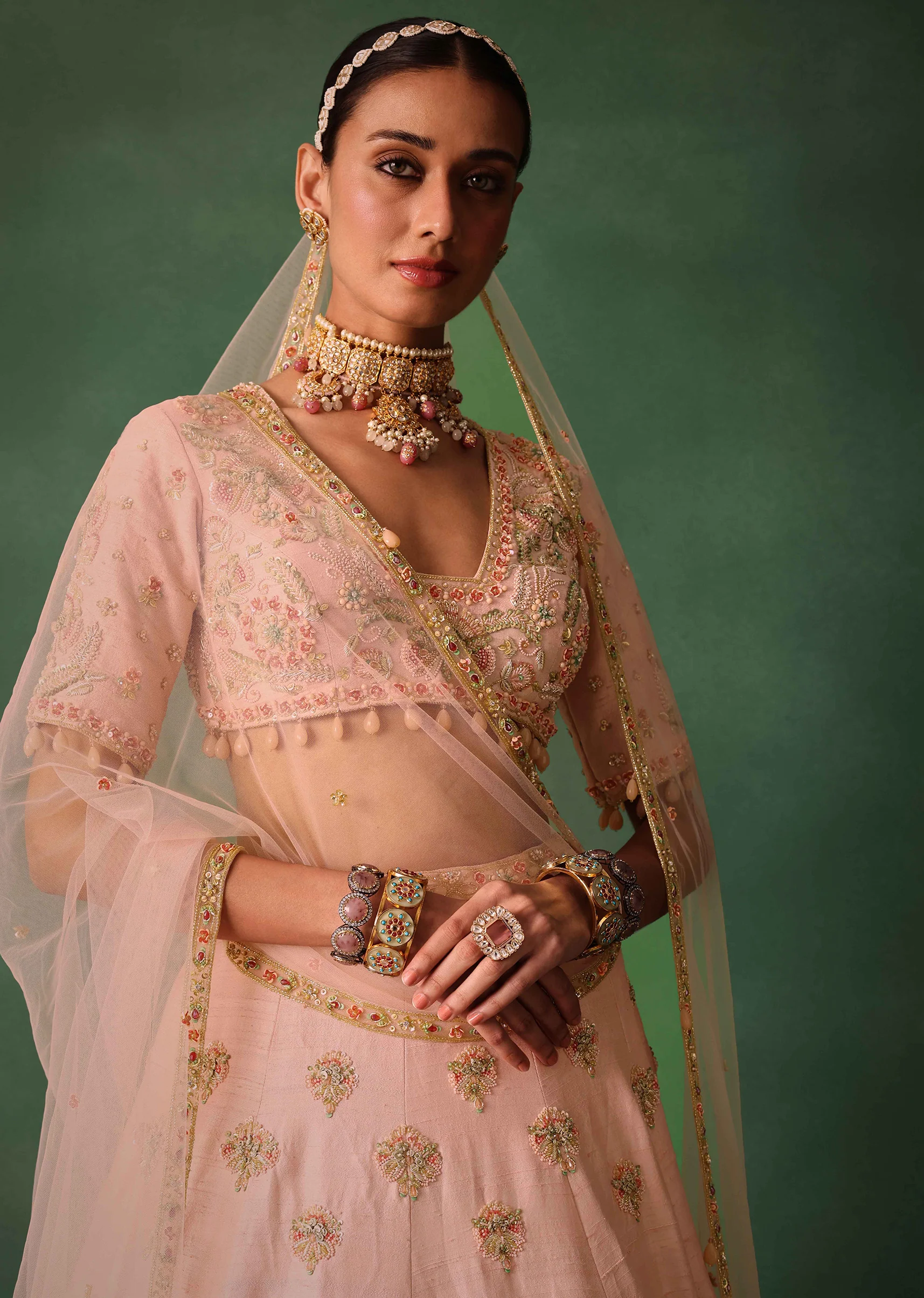 Blush Pink Raw Silk Zardosi Embroidered Bridal Lehenga Set - Image 2