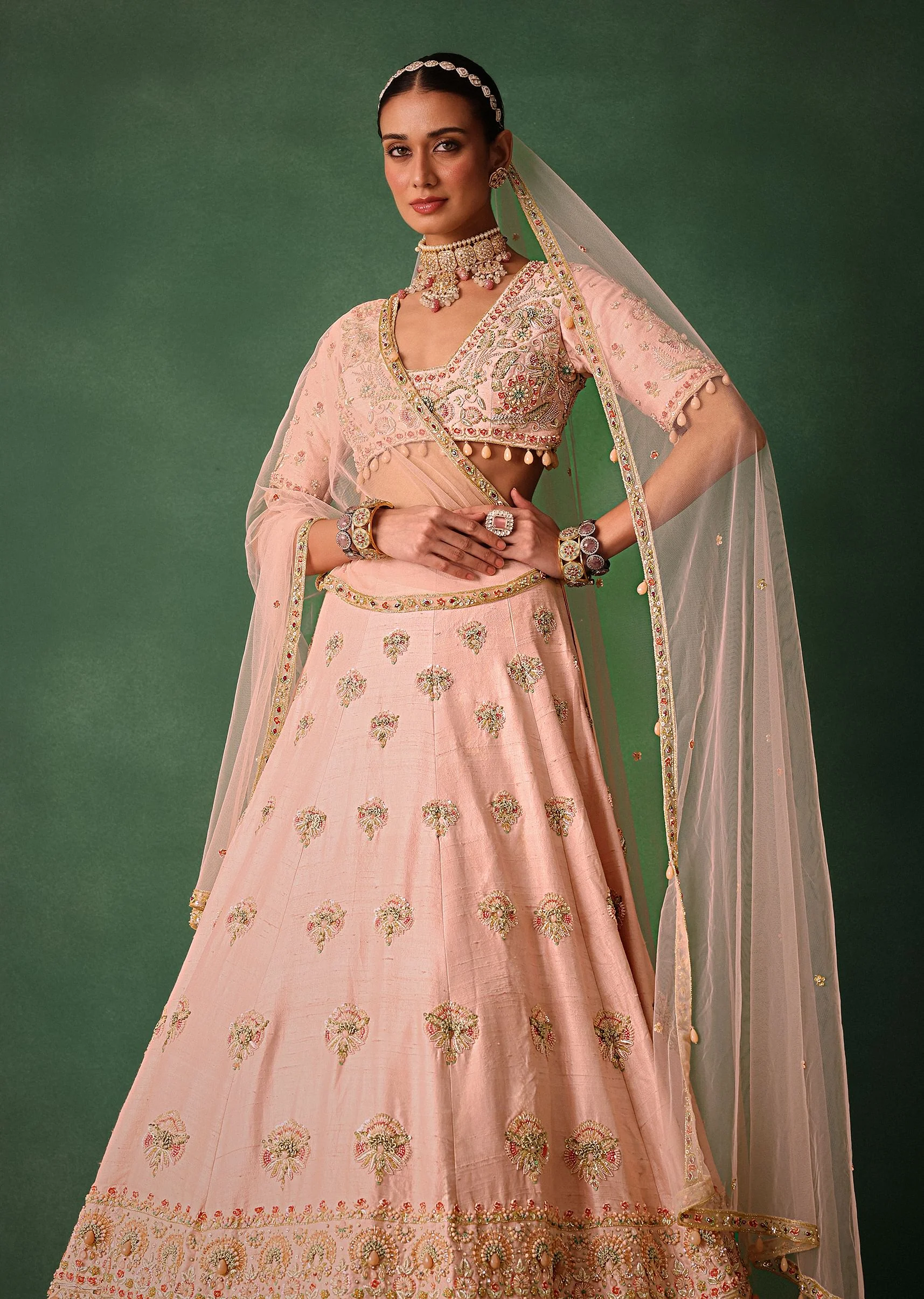 Blush Pink Raw Silk Zardosi Embroidered Bridal Lehenga Set - Image 4