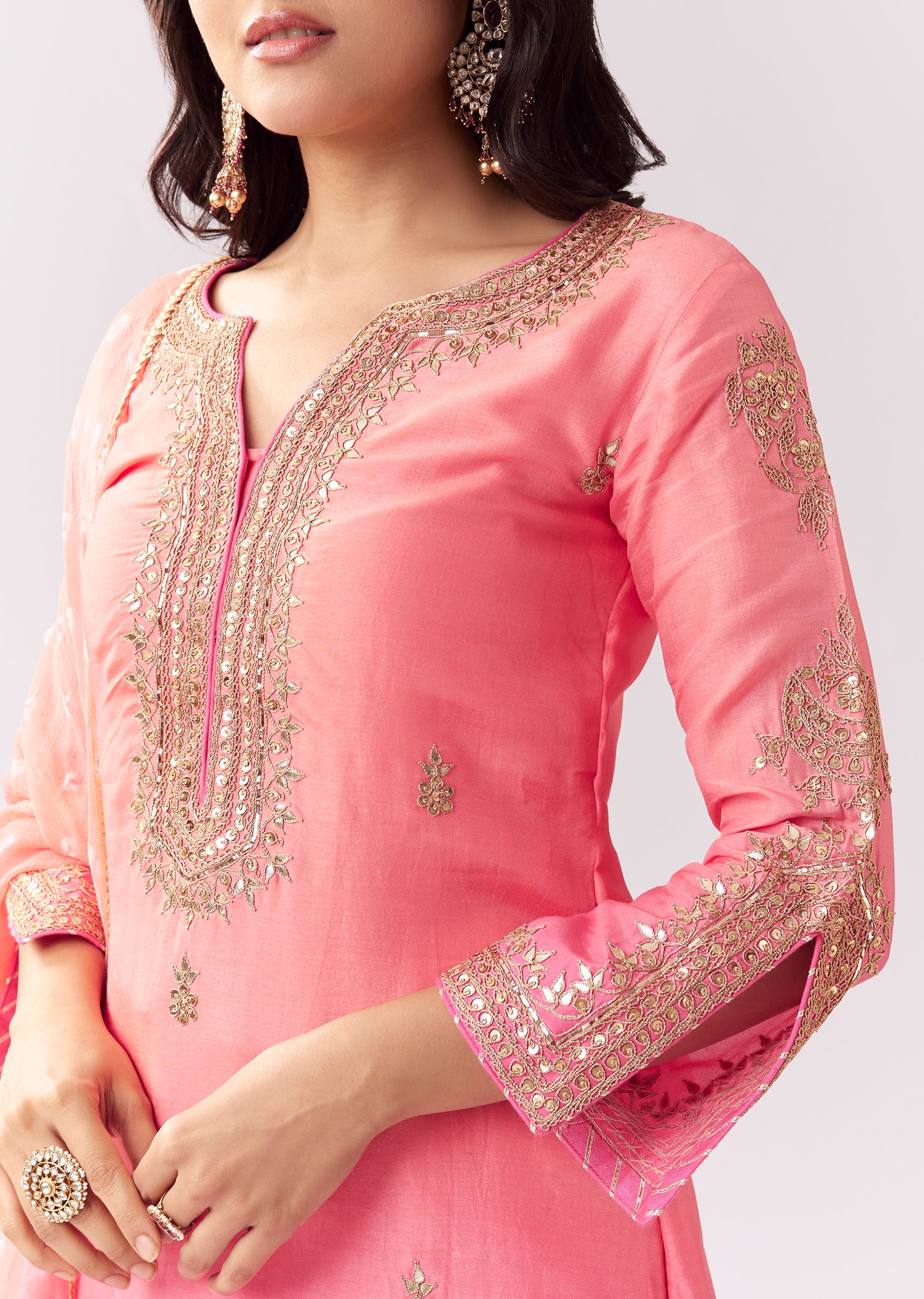 Blush Pink Twinning Ensemble – Gotta Work Sharara With Bandhani Dupatta For Her And Pink Silk Mandarin Collar Kurta For Him - Image 2