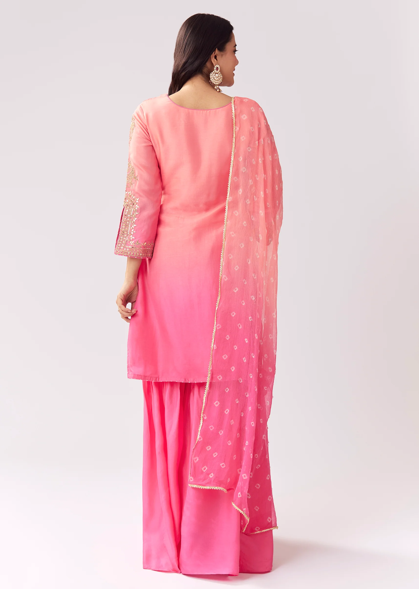 Blush Pink Twinning Ensemble – Gotta Work Sharara With Bandhani Dupatta For Her And Pink Silk Mandarin Collar Kurta For Him - Image 5