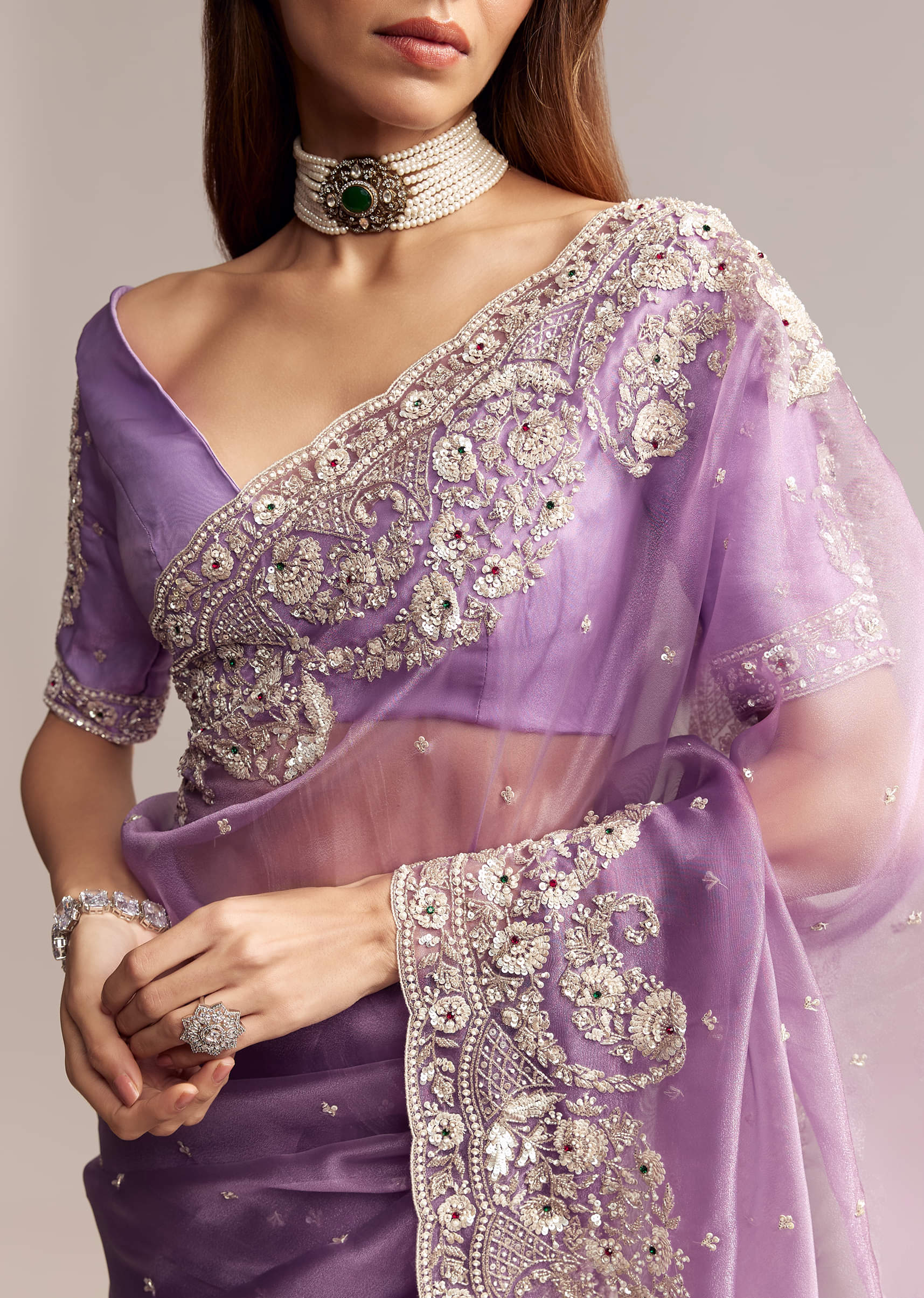 Blush Purple Tissue Saree With Floral Embroidery - Image 2
