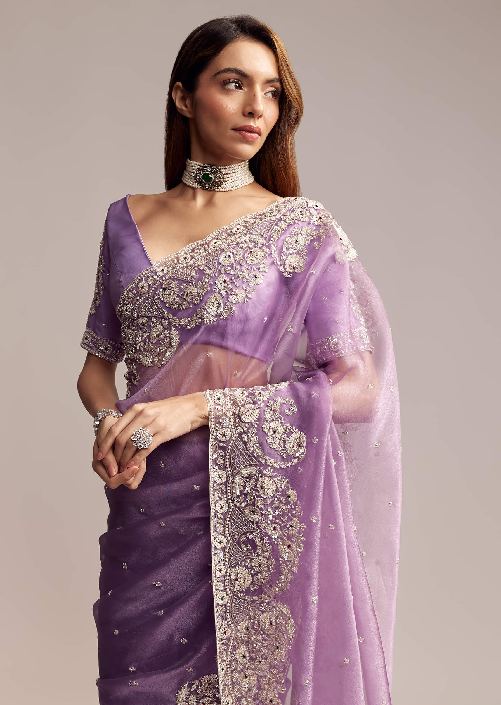 Blush Purple Tissue Saree With Floral Embroidery - Image 4
