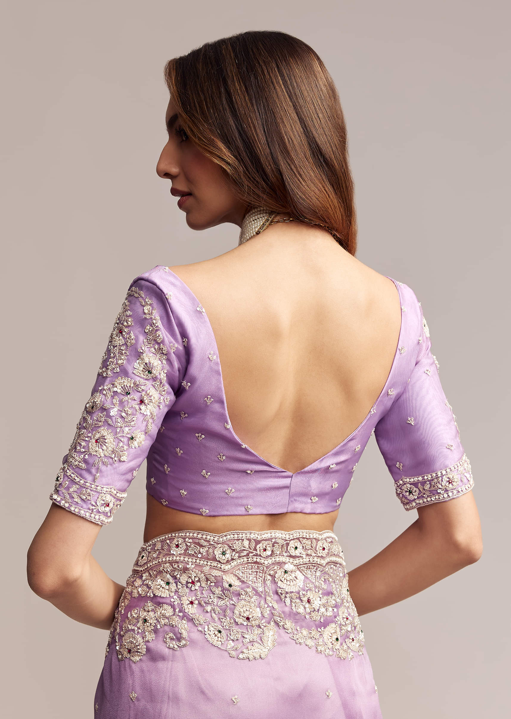 Blush Purple Tissue Saree With Floral Embroidery - Image 7