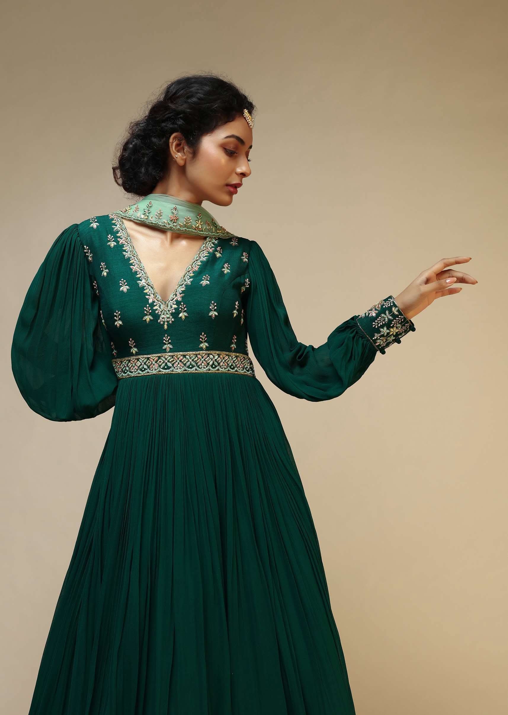 Bottle Green Anarkali Suit With Balloon Sleeves And Hand Embroidered Buttis Using Multi Colored Sequins And Beads - Image 2