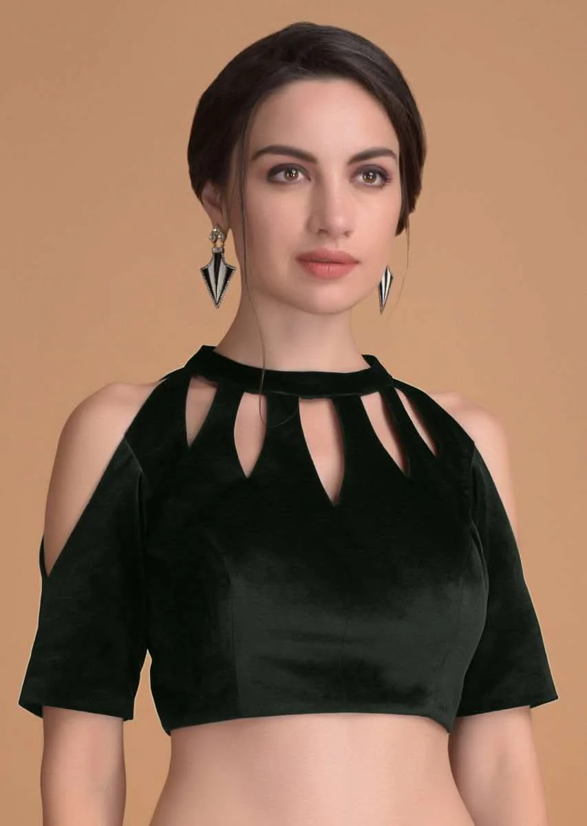 Bottle Green Blouse In Velvet With Cut Out On The Neckline