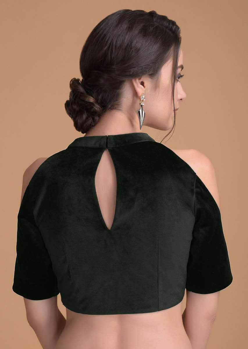 Bottle Green Blouse In Velvet With Cut Out On The Neckline - Image 2